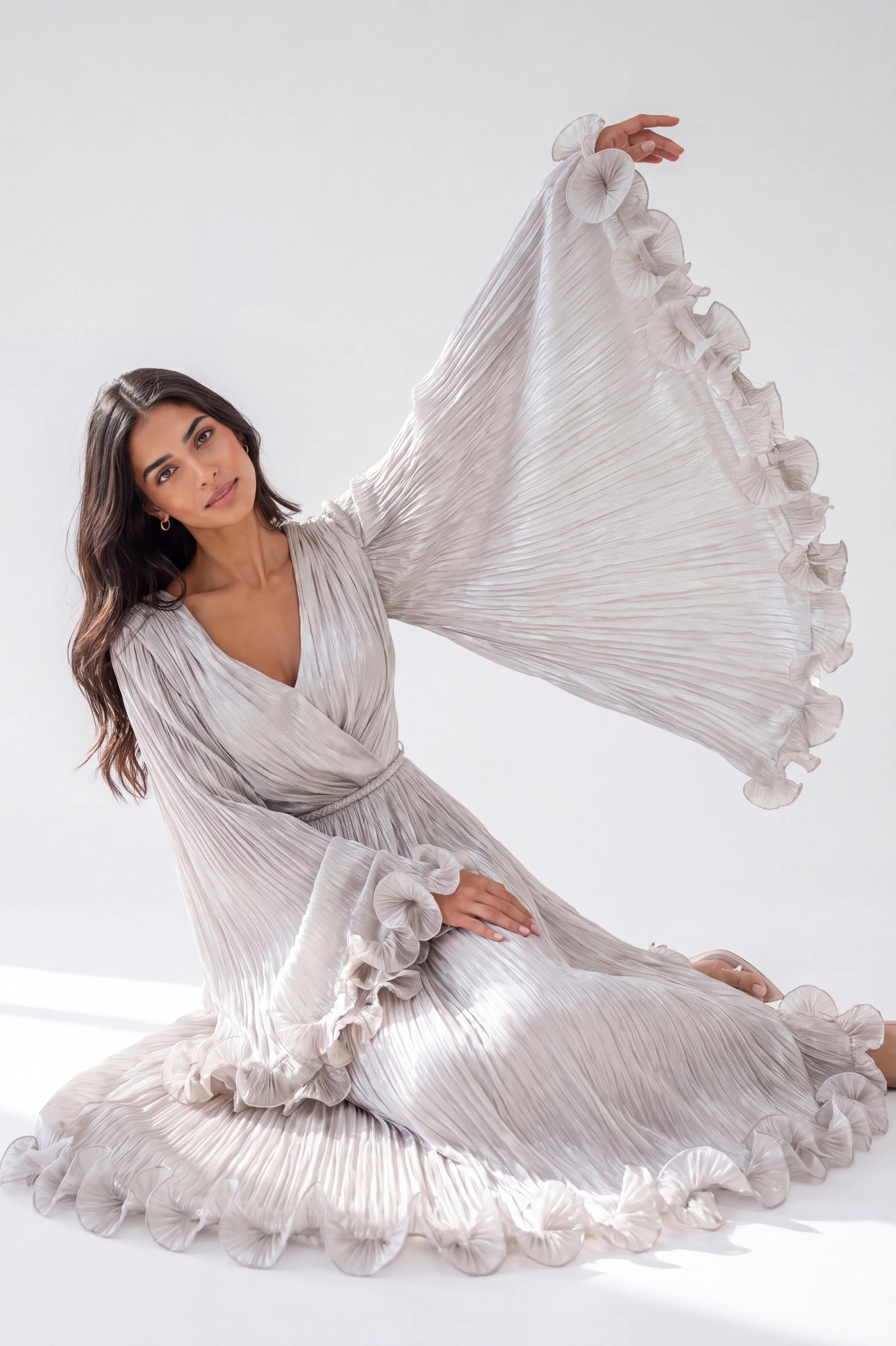 Pleated V-Neck Ruffled Cuffs Organza Dress
