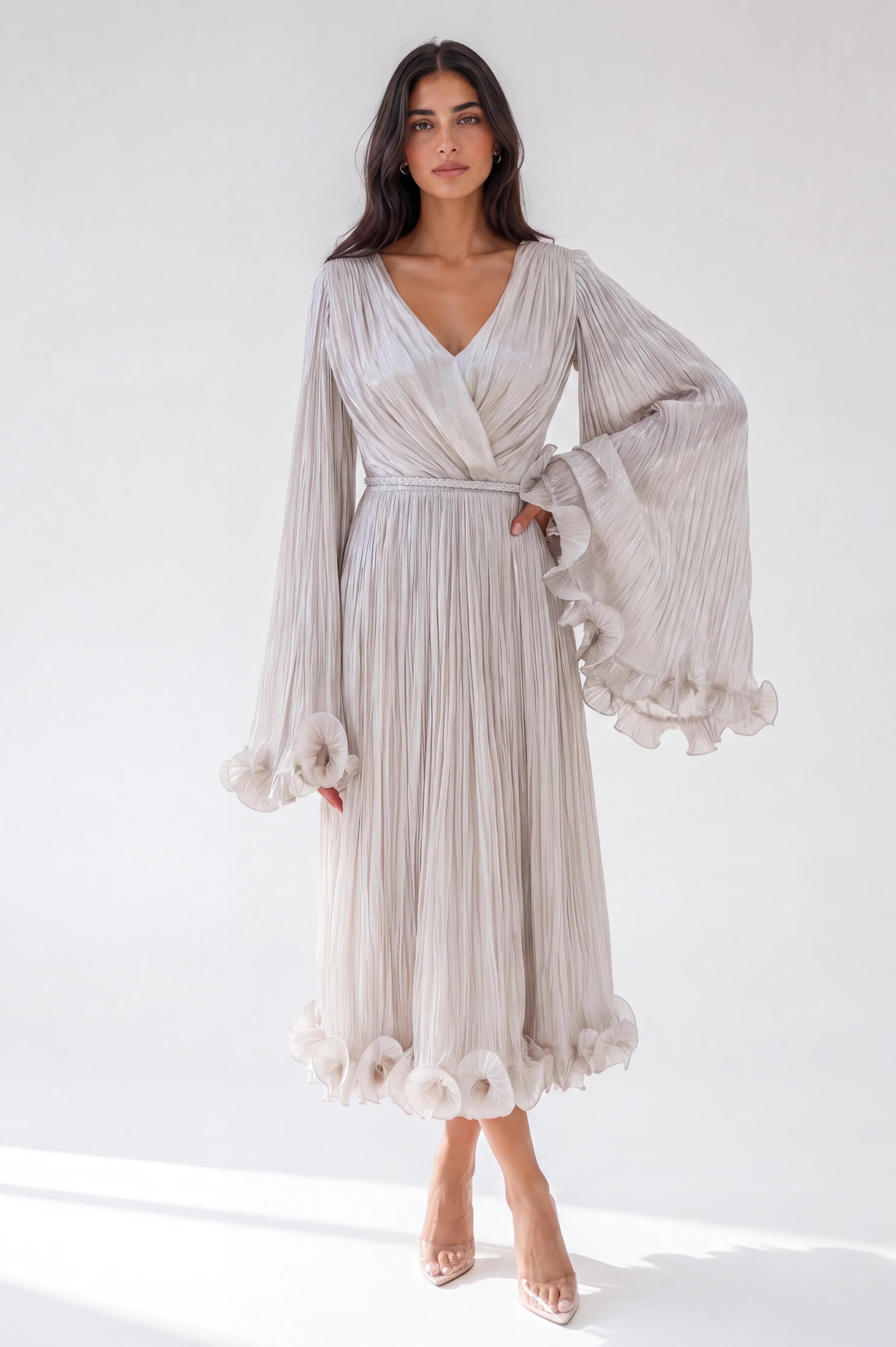 Pleated V-Neck Ruffled Cuffs Organza Dress