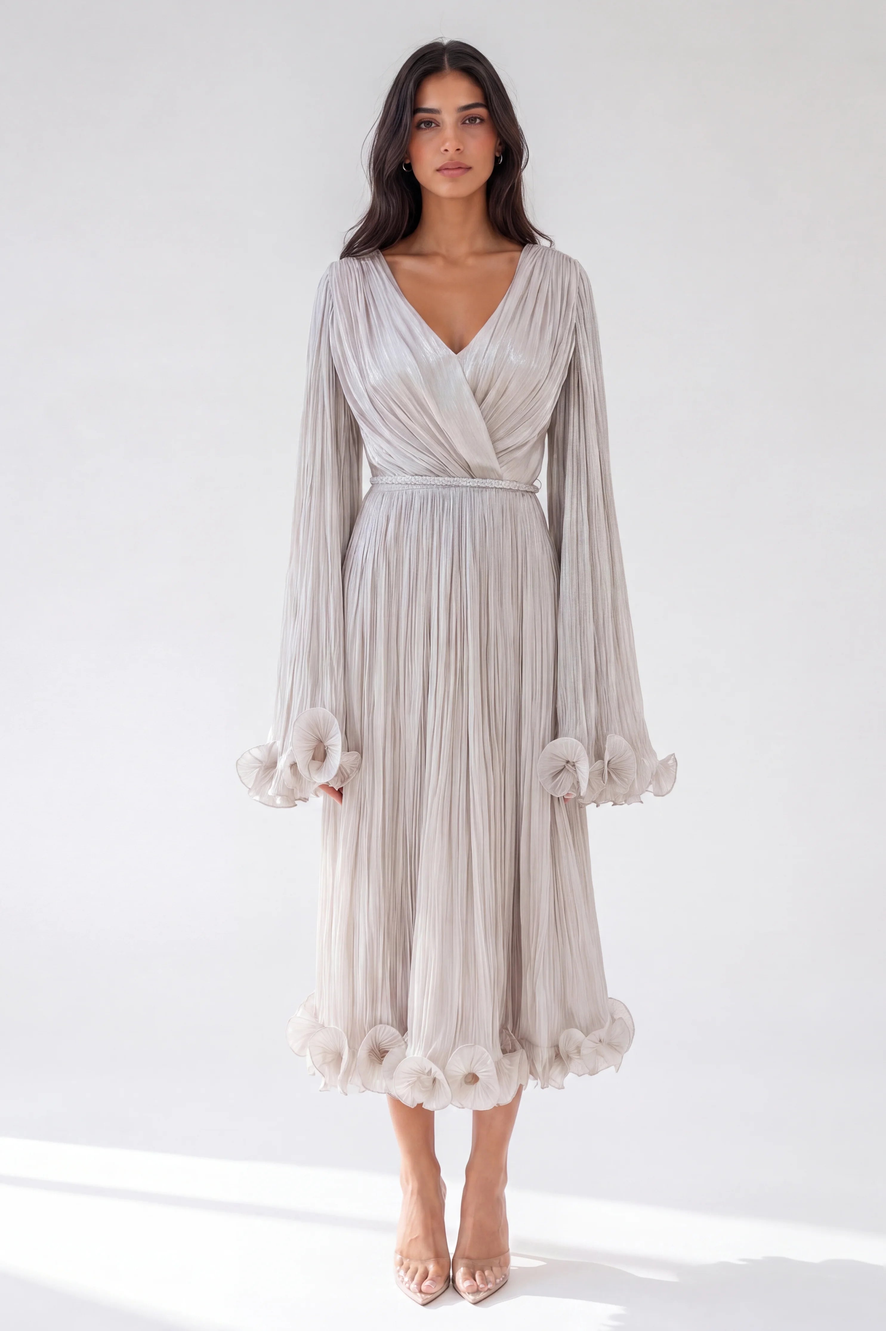 Pleated V-Neck Ruffled Cuffs Organza Dress