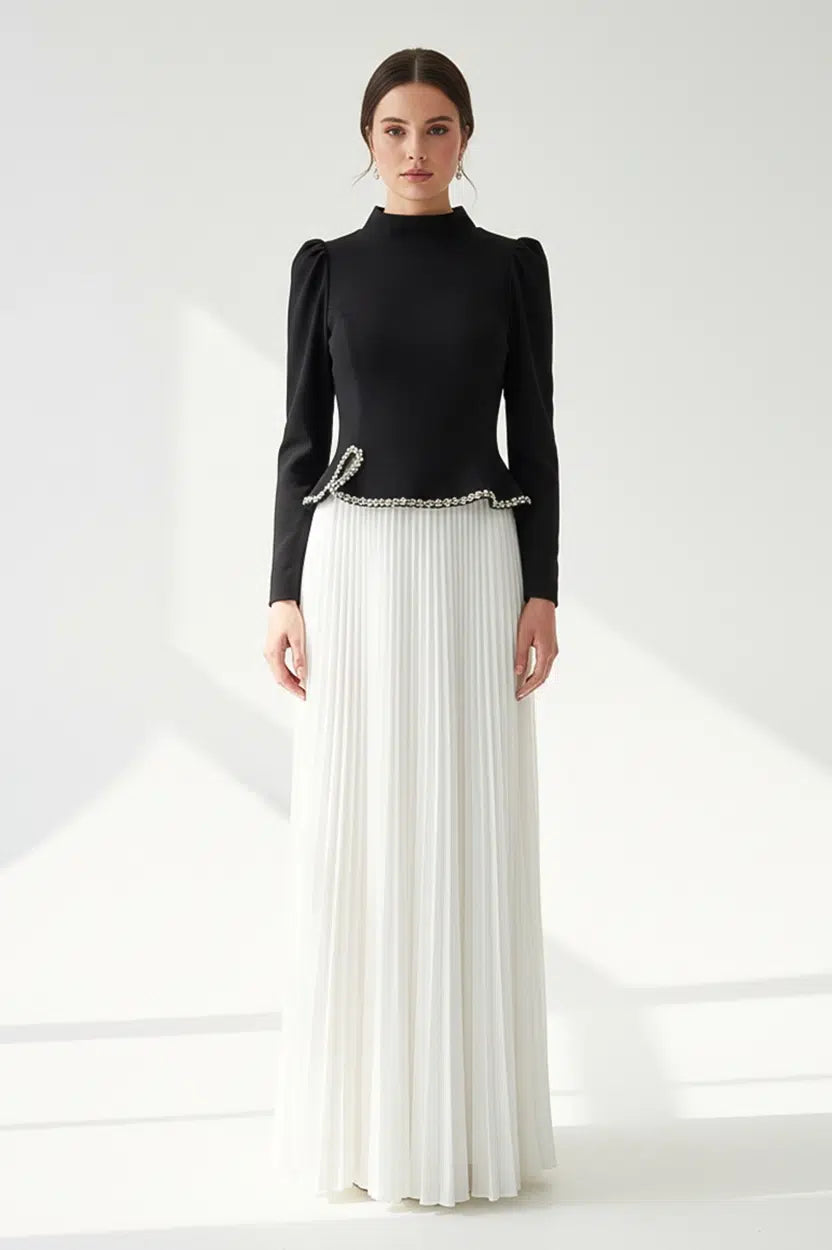 Plisse Skirt Crystal Waistline Crepe Dress
