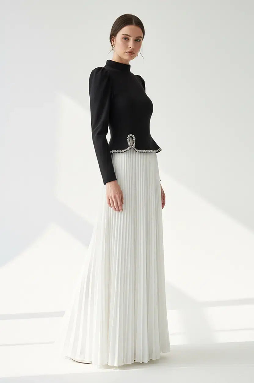 Plisse Skirt Crystal Waistline Crepe Dress
