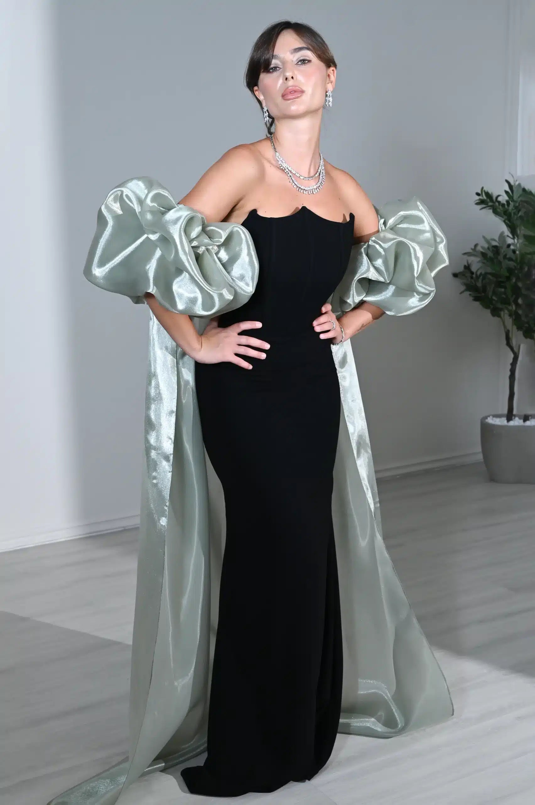 Puff Sleeves 2 PCS Crepe Dress