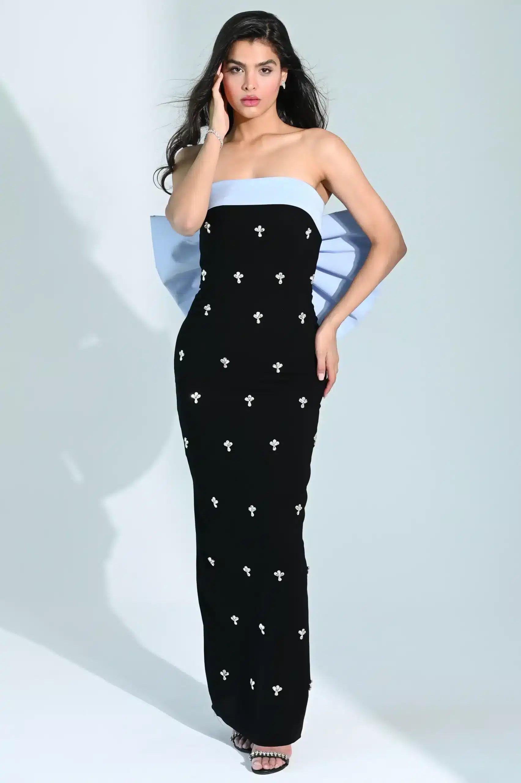 Ribbon Back Crystal Crepe Dress