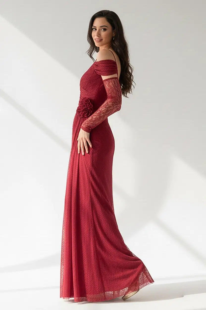 Rose Detail Off Shoulder Dantel Dress
