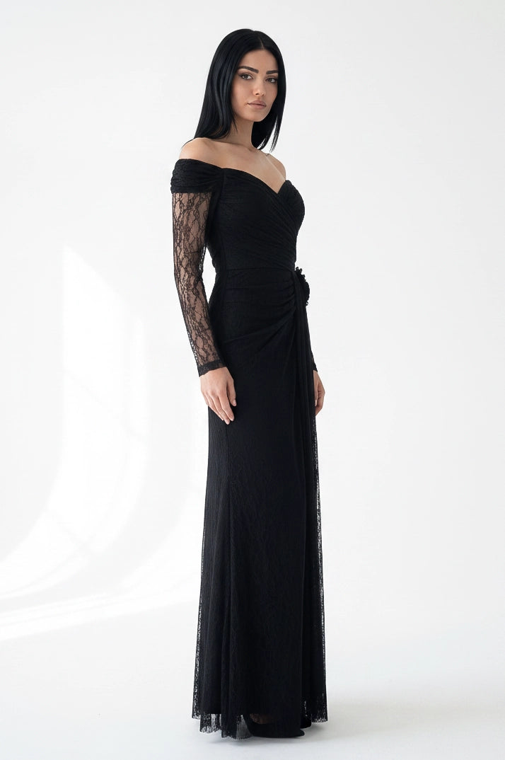 Rose Detail Off Shoulder Dantel Dress