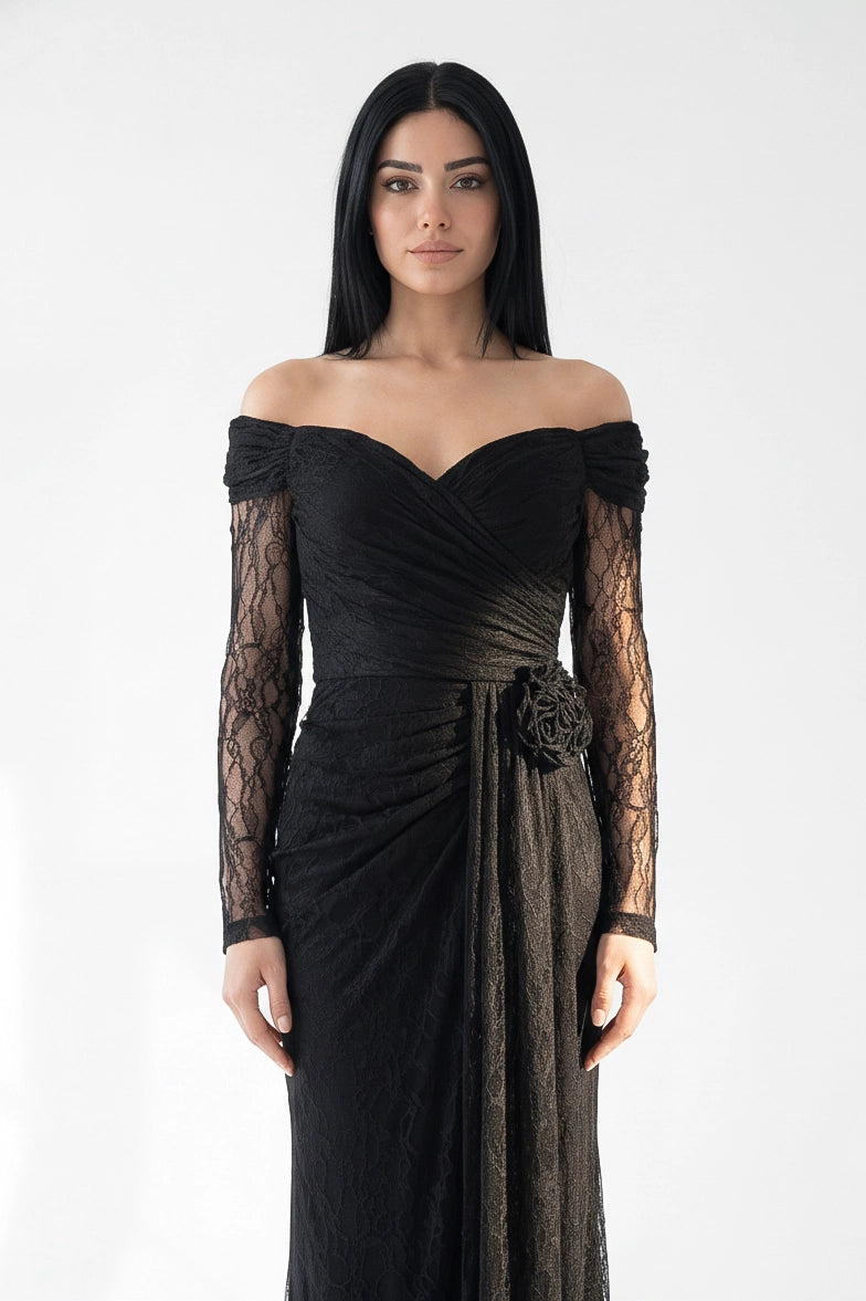 Rose Detail Off Shoulder Dantel Dress
