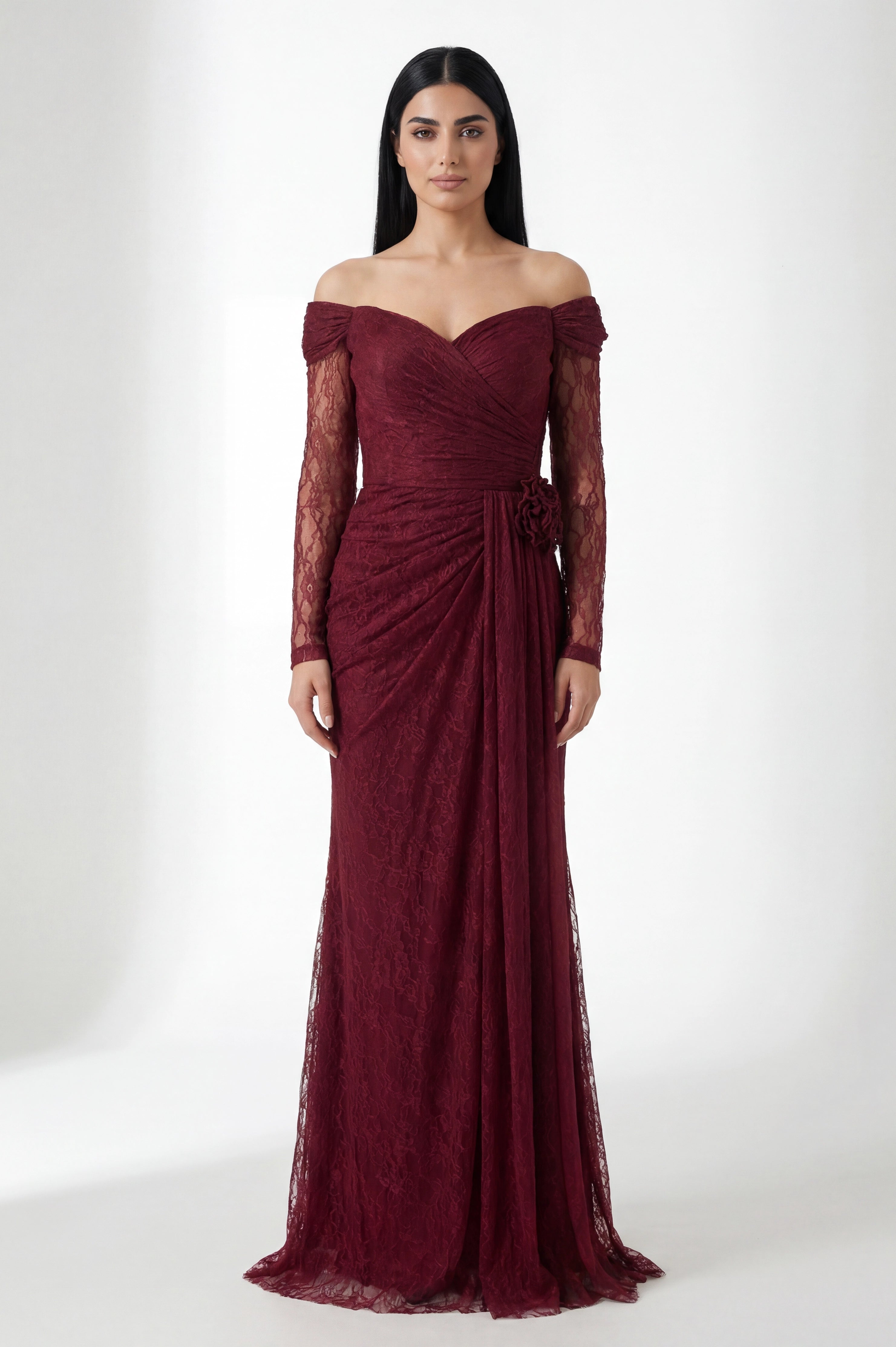 Rose Detail Off Shoulder Dantel Dress