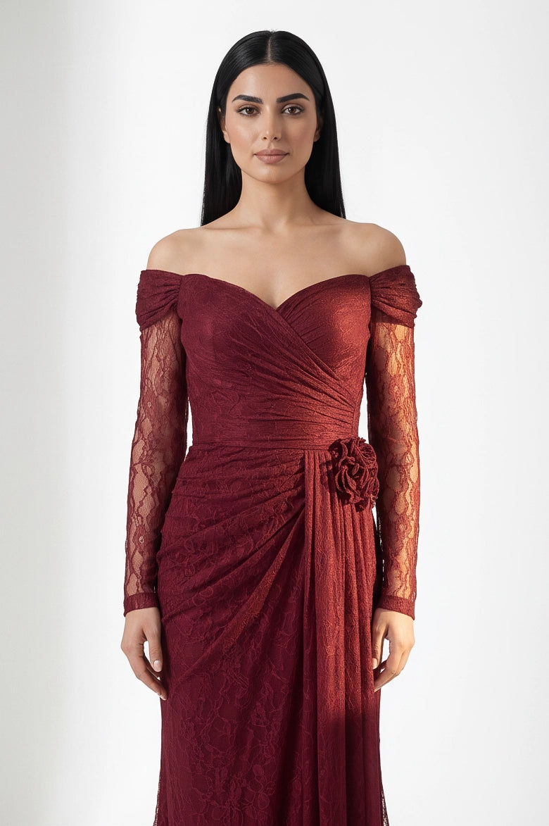 Rose Detail Off Shoulder Dantel Dress