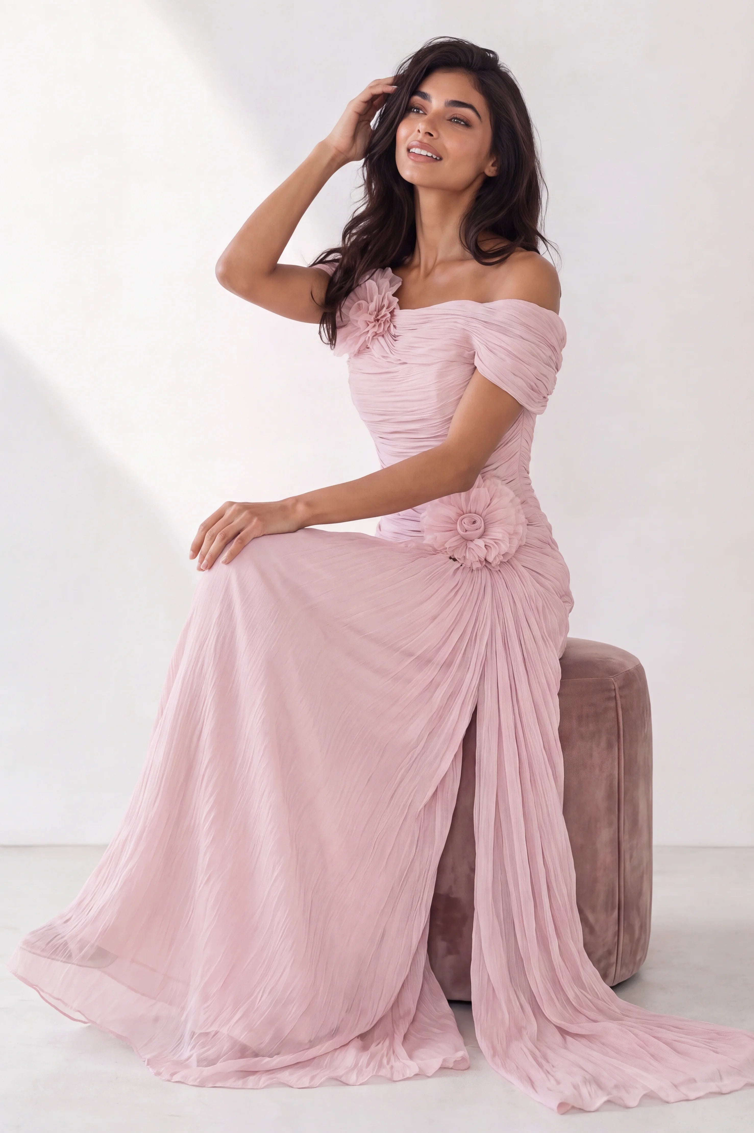 Rose Details Off Shoulder Organza Dress