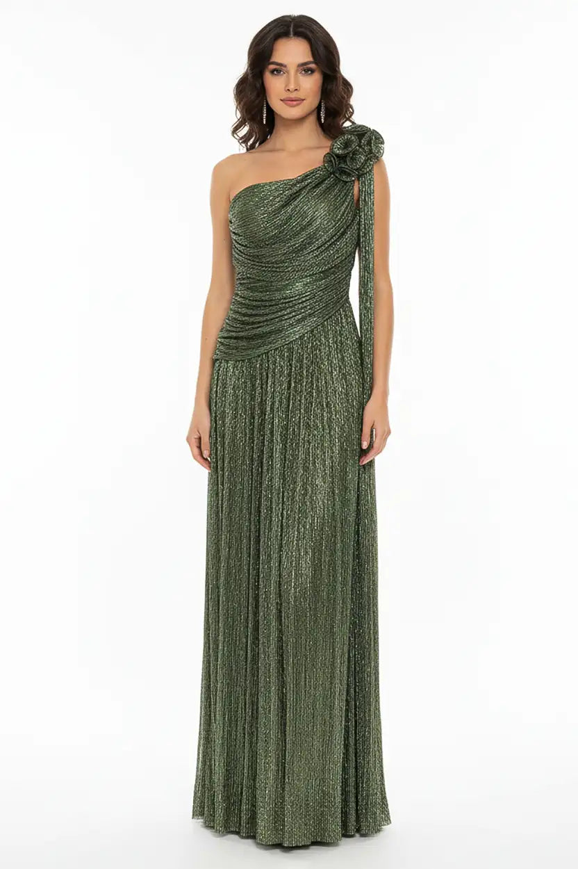 Rose Detail One Shoulder Lame Dress