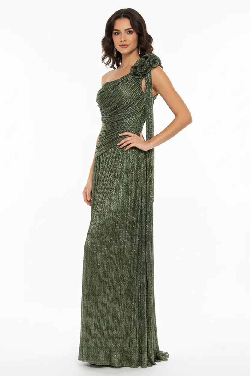 Rose Detail One Shoulder Lame Dress