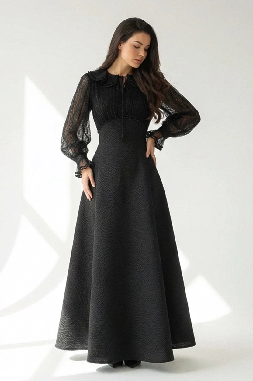 Ruffled Collar Jacquard Dress