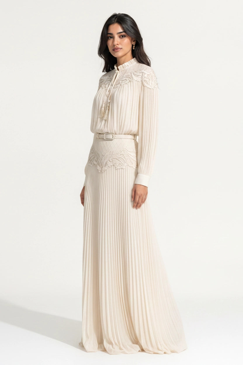 Ruffled Neck Laced Shoulder Plisse Chiffon Dress