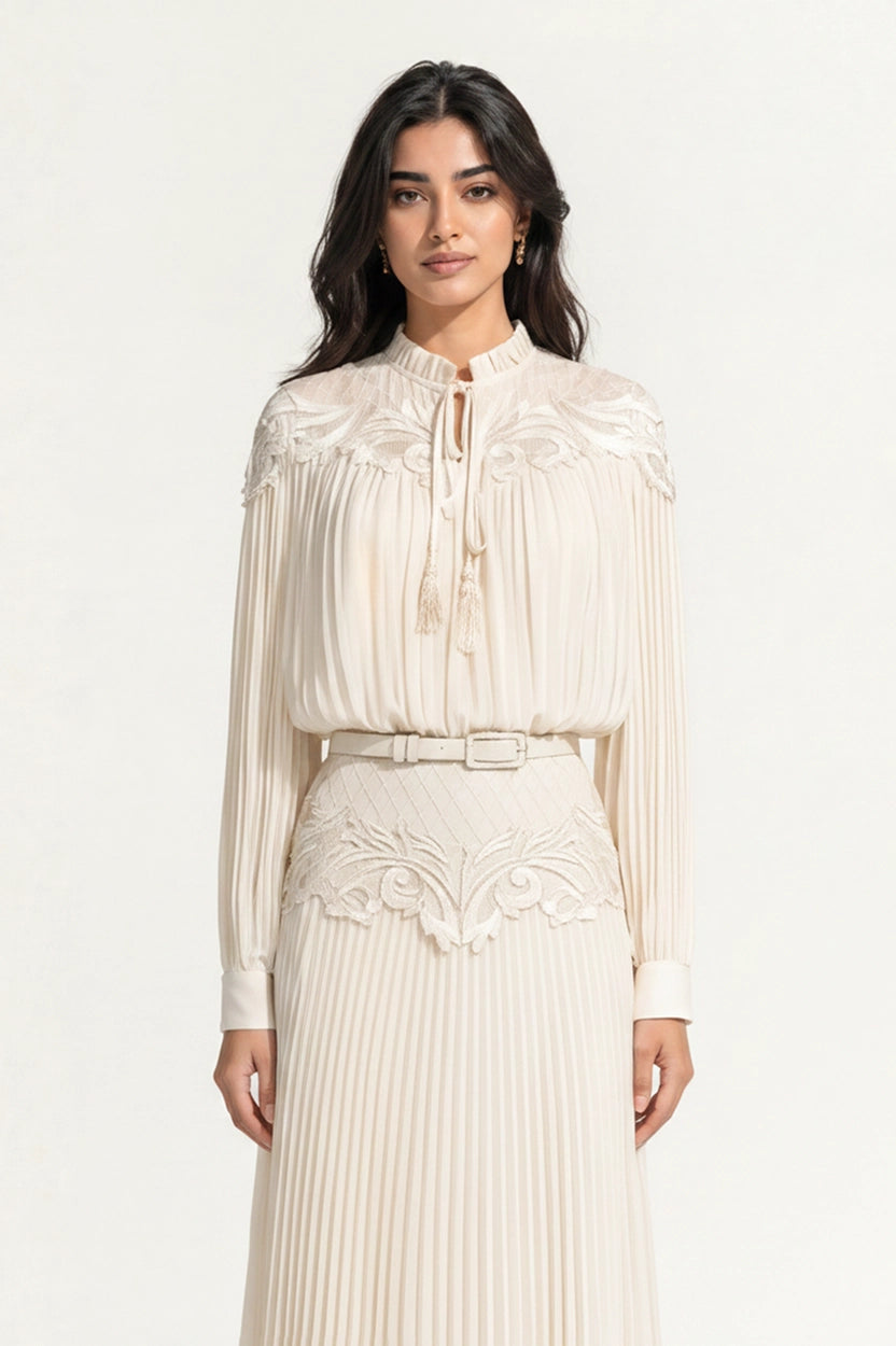 Ruffled Neck Laced Shoulder Plisse Chiffon Dress