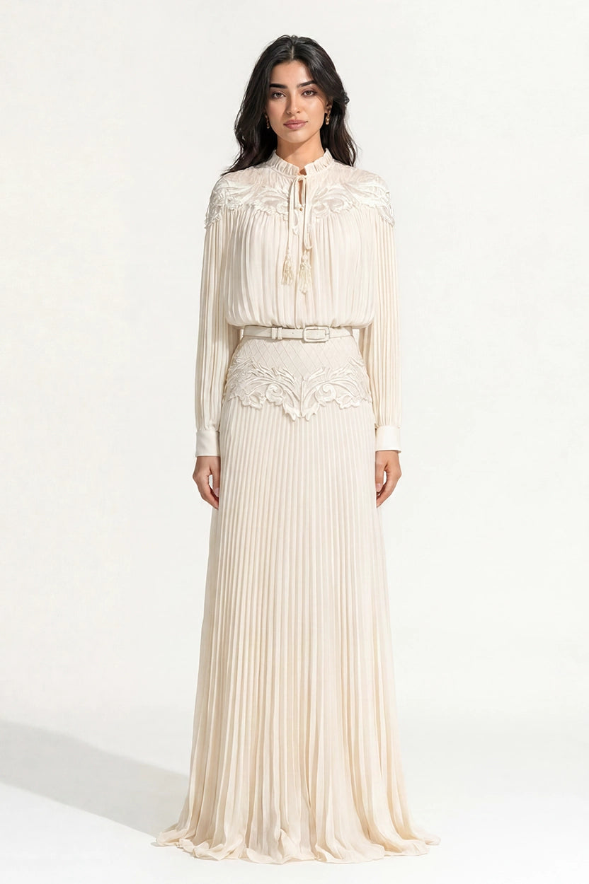 Ruffled Neck Laced Shoulder Plisse Chiffon Dress