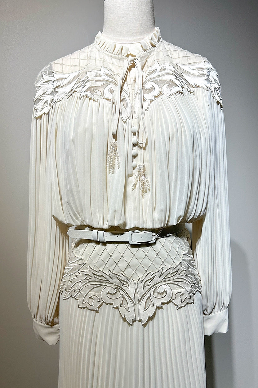 Ruffled Neck Laced Shoulder Plisse Chiffon Dress