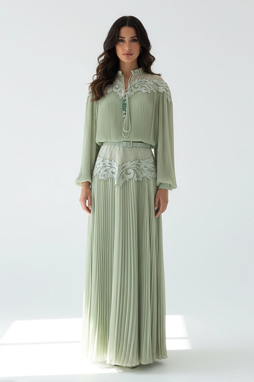 Ruffled Neck Laced Shoulder Plisse Chiffon Dress