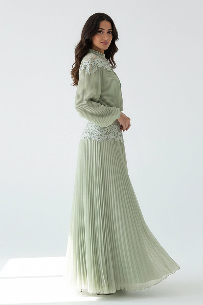 Ruffled Neck Laced Shoulder Plisse Chiffon Dress