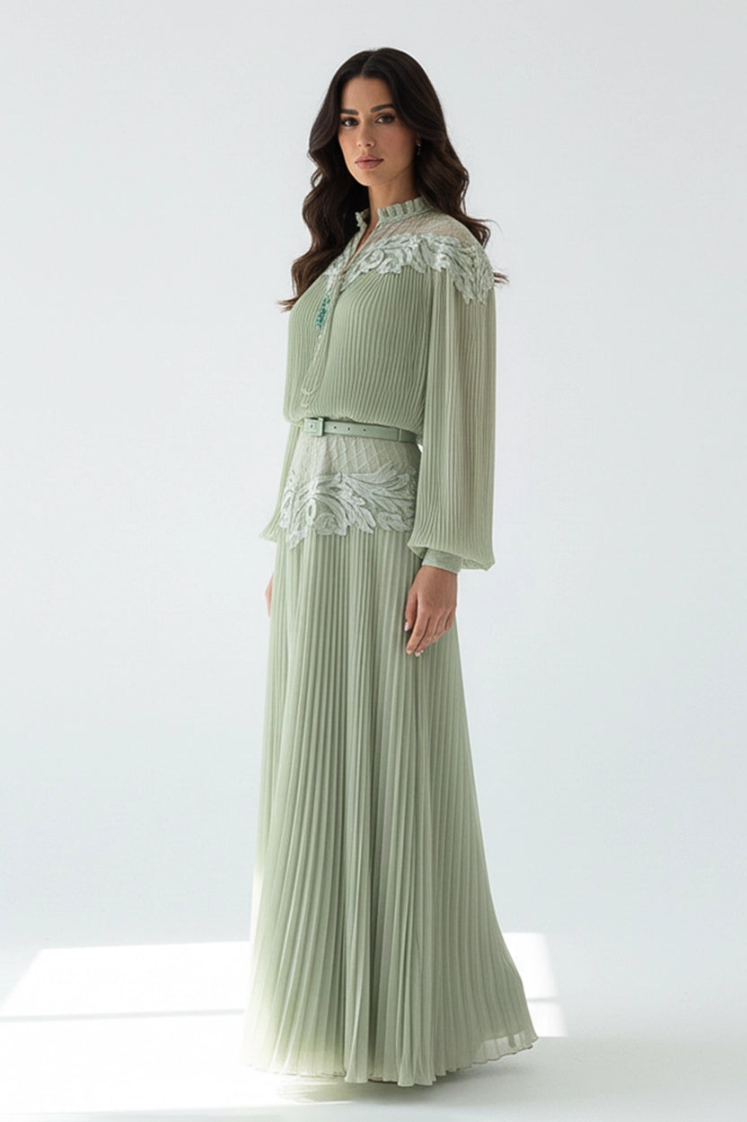 Ruffled Neck Laced Shoulder Plisse Chiffon Dress