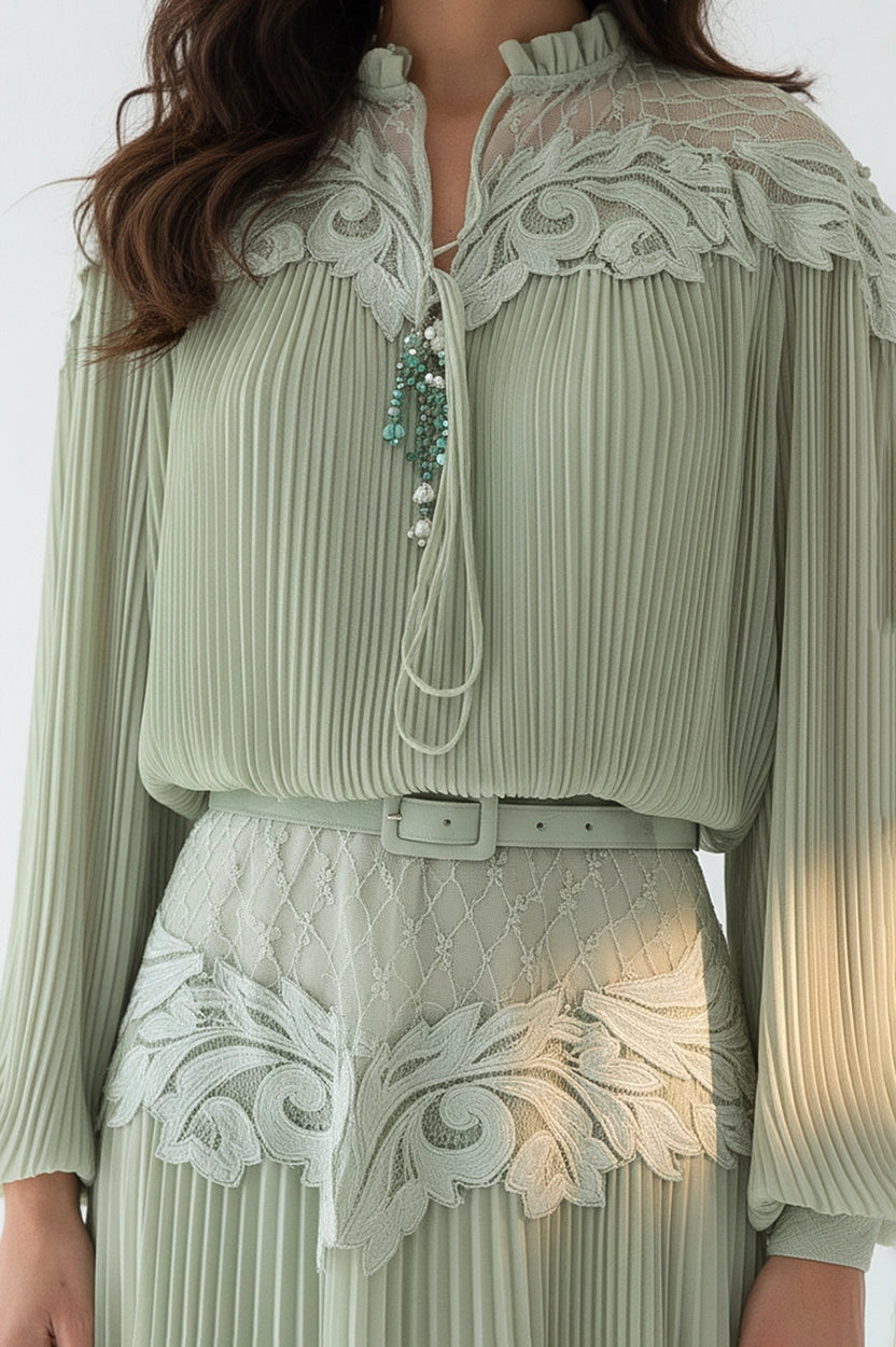 Ruffled Neck Laced Shoulder Plisse Chiffon Dress