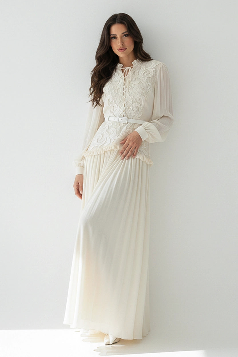 Ruffled Neck Laced Shoulder Plisse Chiffon Dress