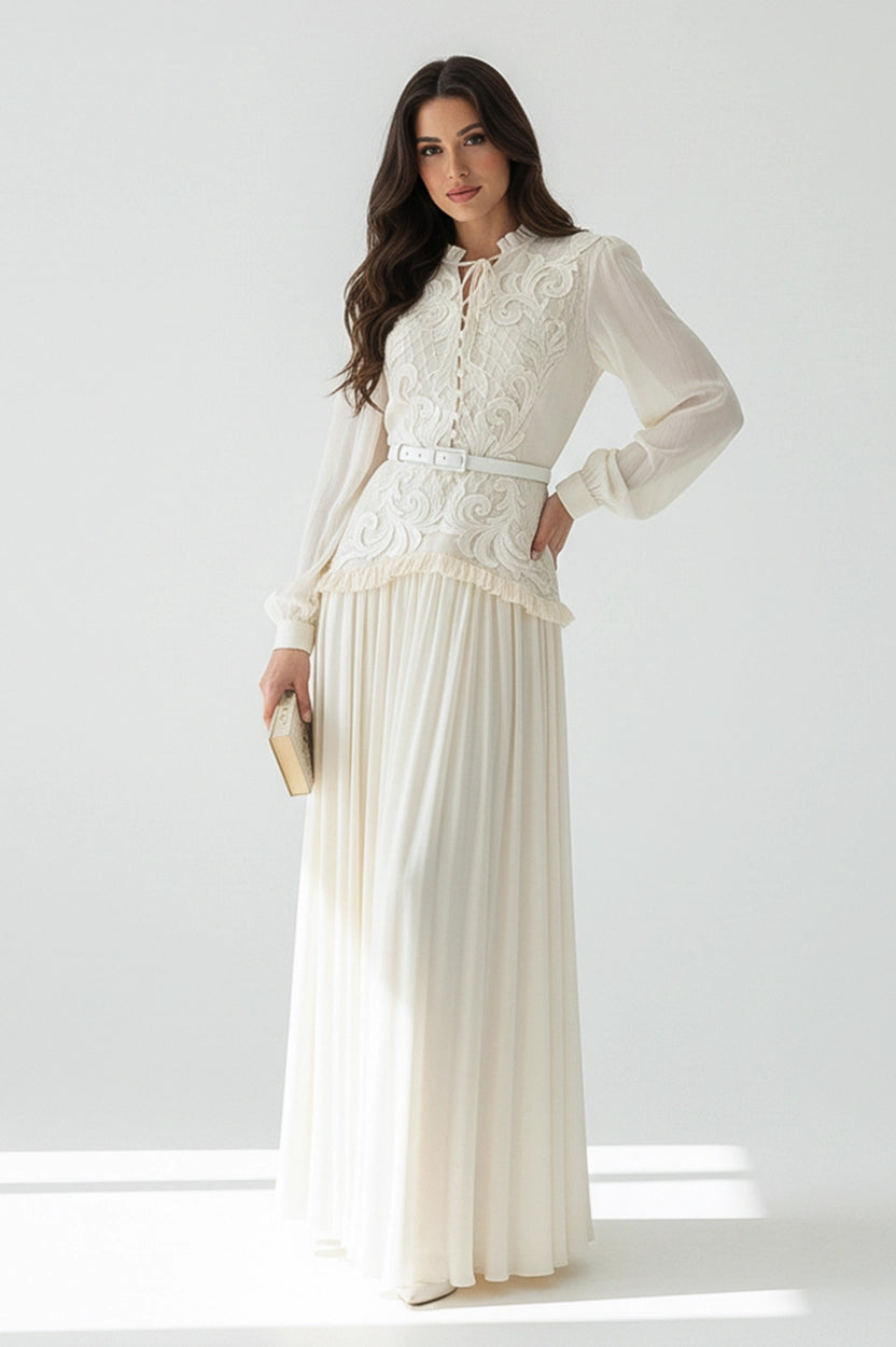 Ruffled Neck Laced Shoulder Plisse Chiffon Dress