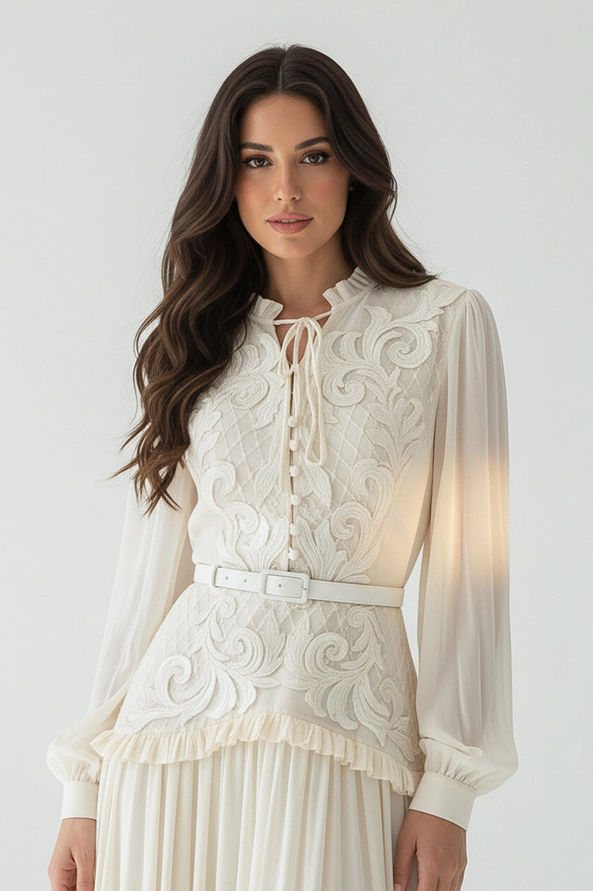 Ruffled Neck Laced Shoulder Plisse Chiffon Dress