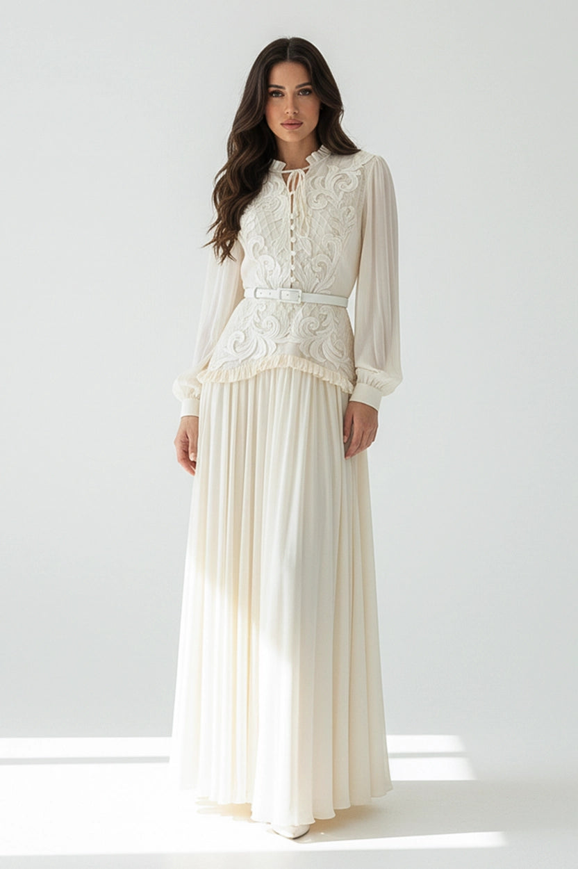 Ruffled Neck Laced Shoulder Plisse Chiffon Dress