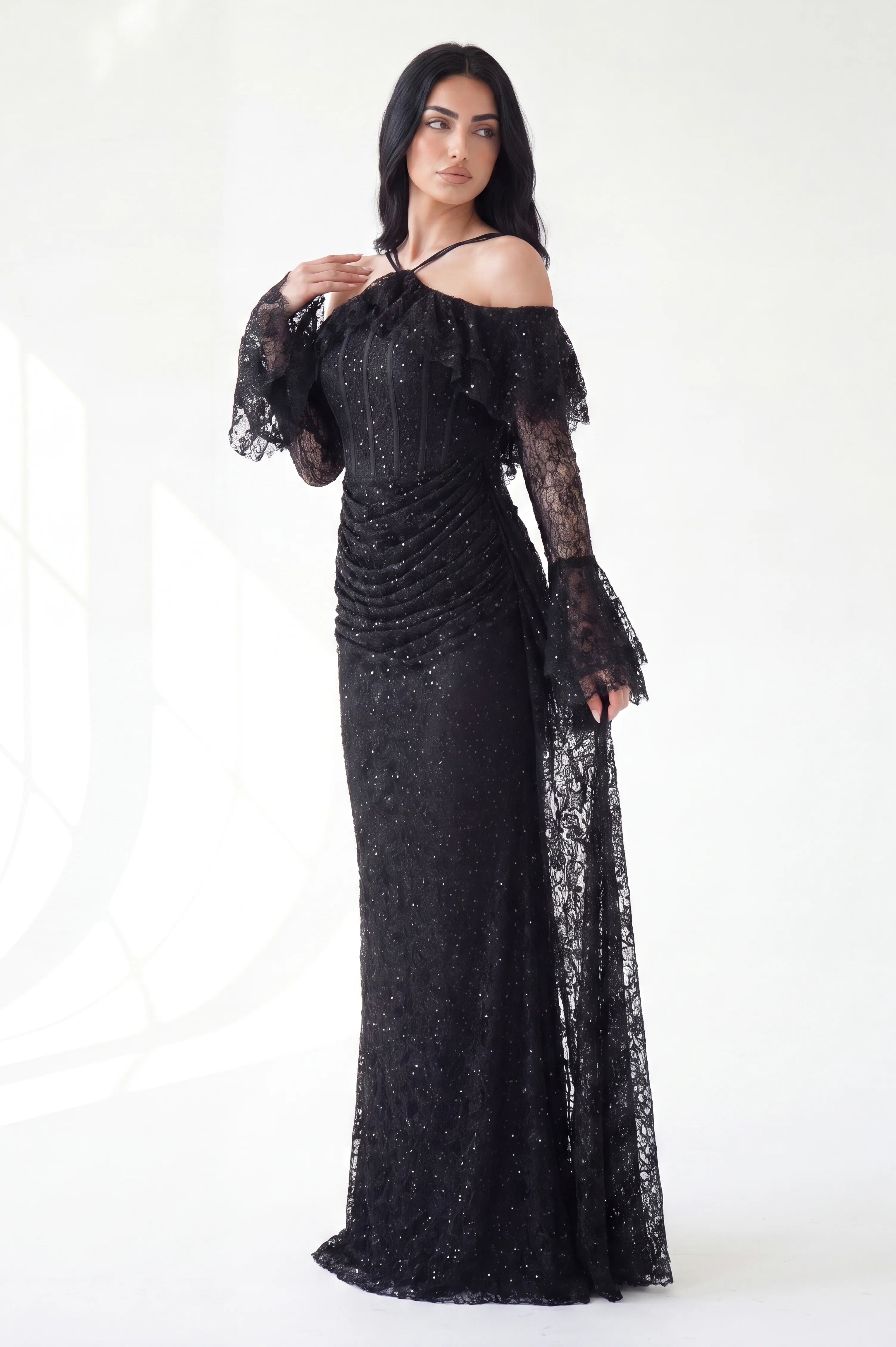 Ruffled Off Shoulder Corset Sequin Dantel Dress