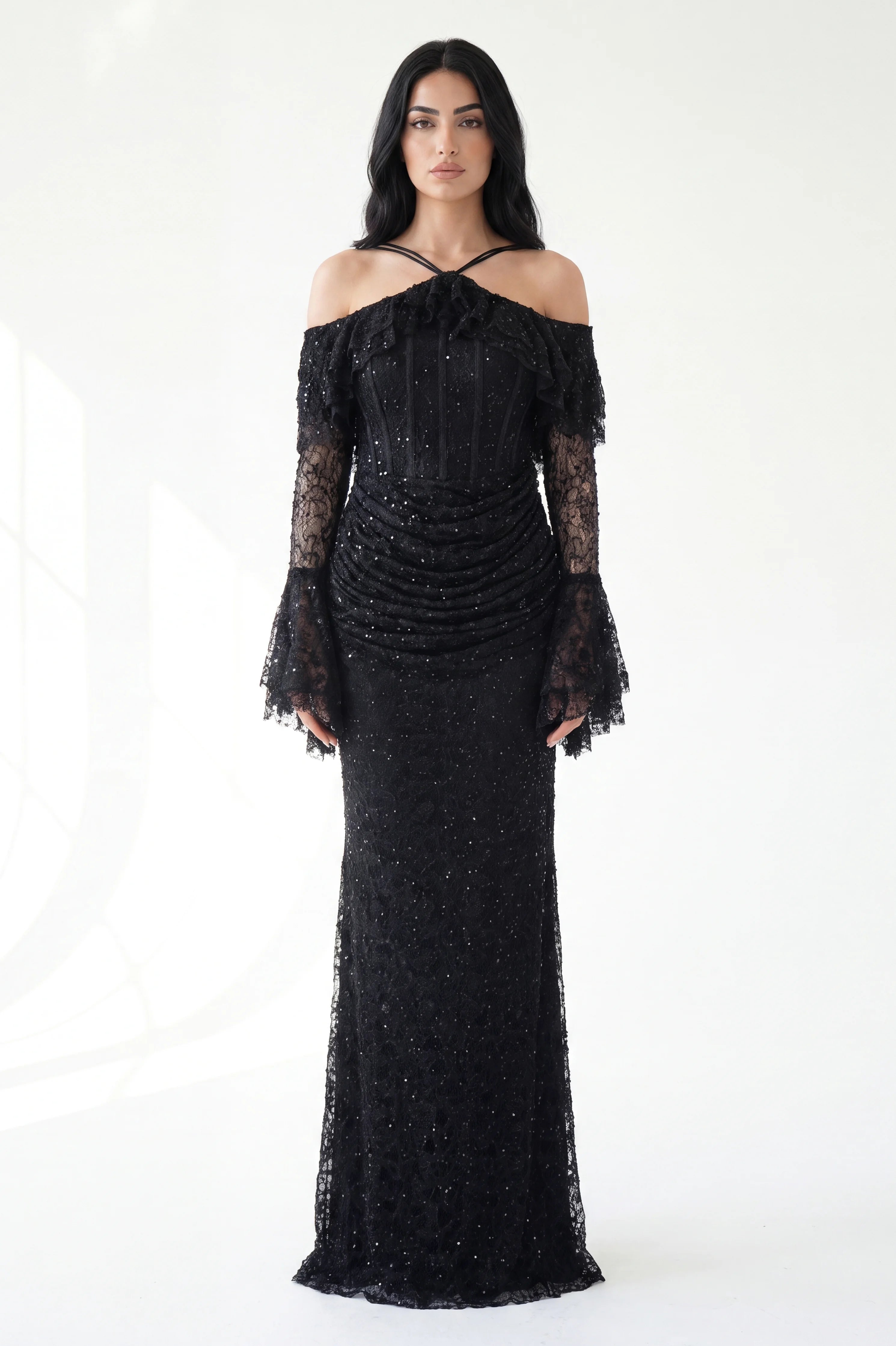 Ruffled Off Shoulder Corset Sequin Dantel Dress