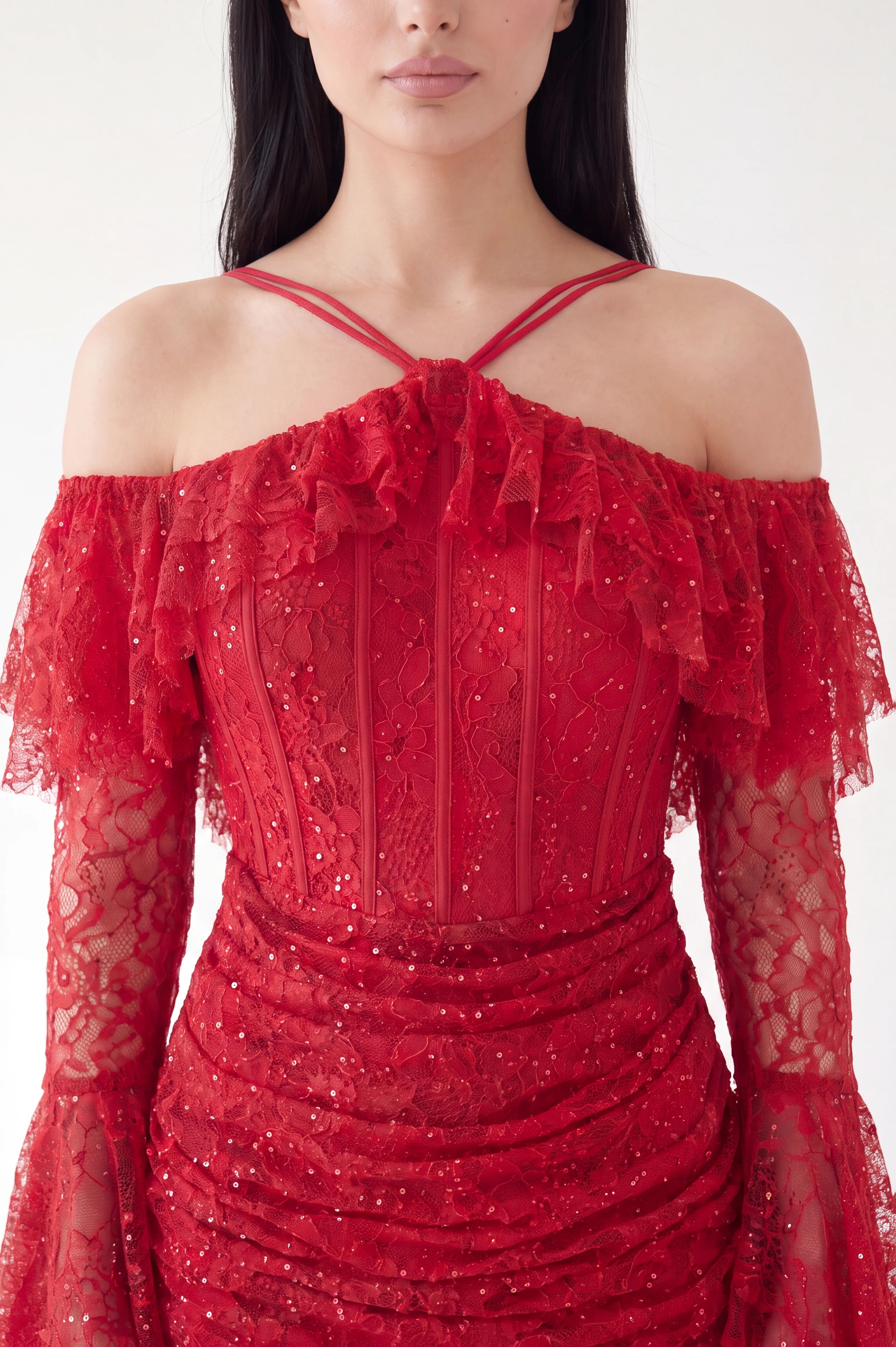 Ruffled Off Shoulder Corset Sequin Dantel Dress