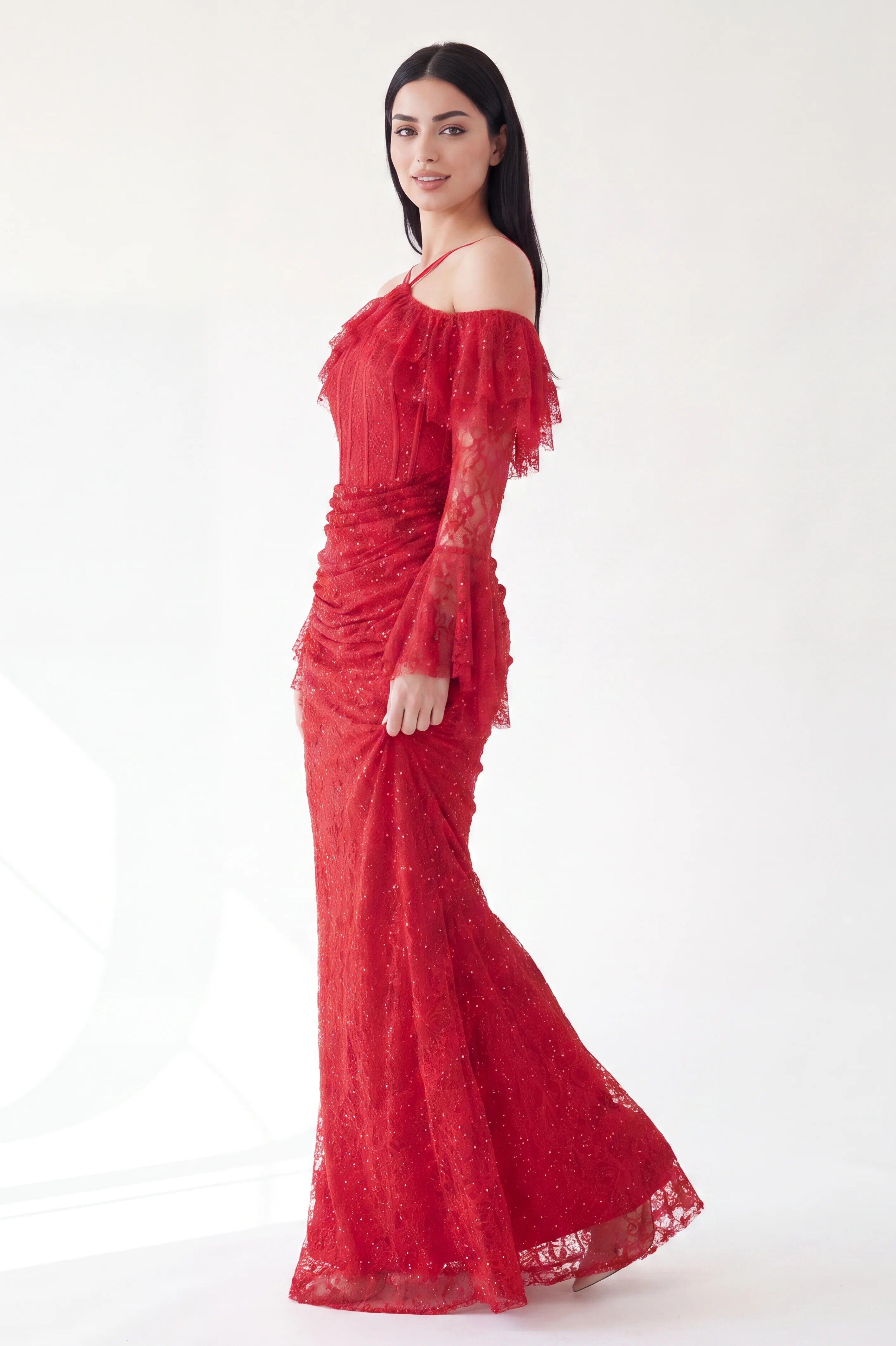 Ruffled Off Shoulder Corset Sequin Dantel Dress