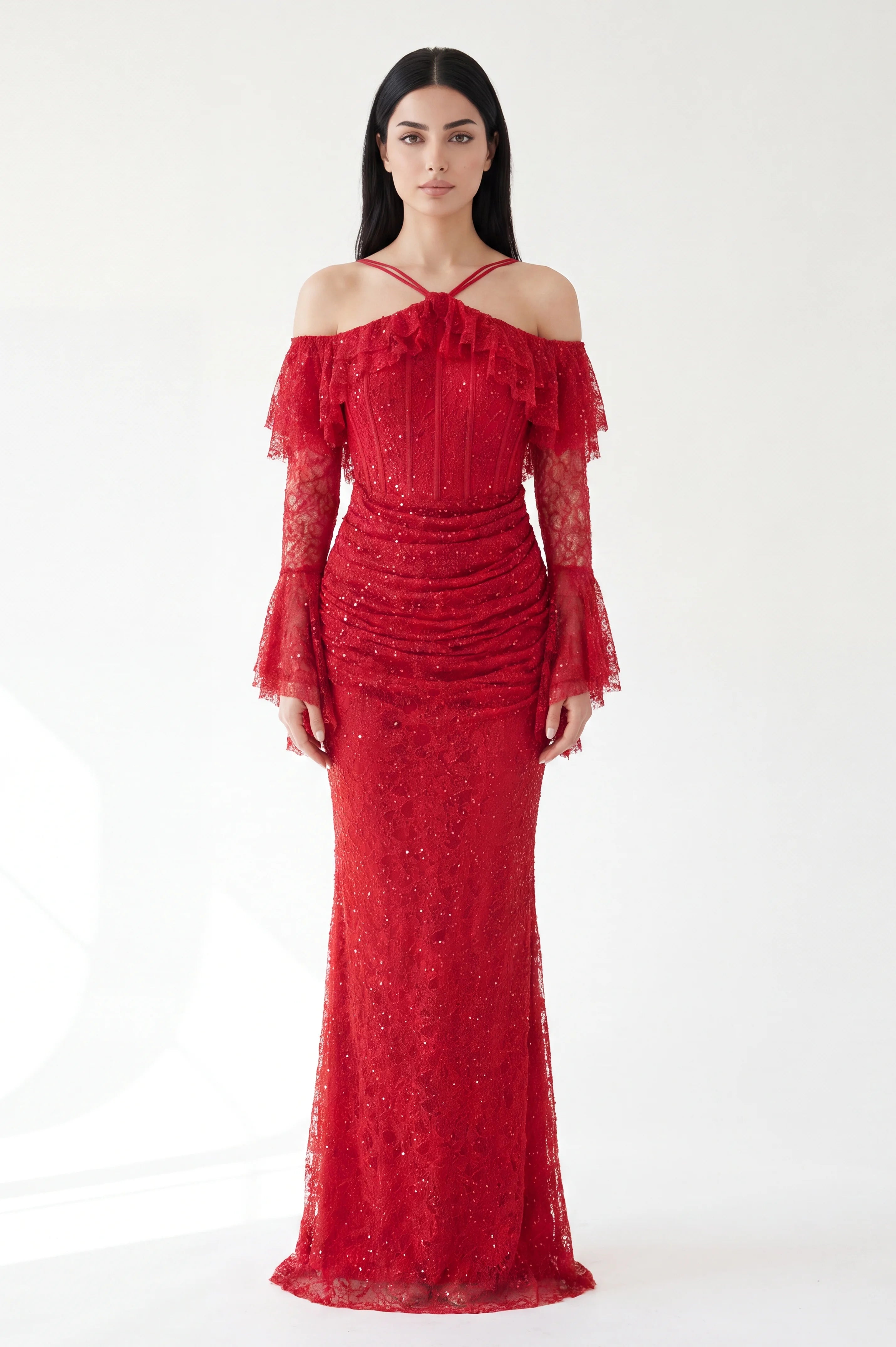 Ruffled Off Shoulder Corset Sequin Dantel Dress