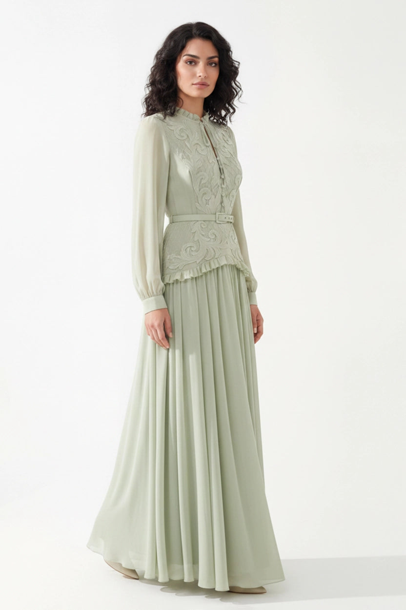 Ruffled Neck Laced Shoulder Plisse Chiffon Dress