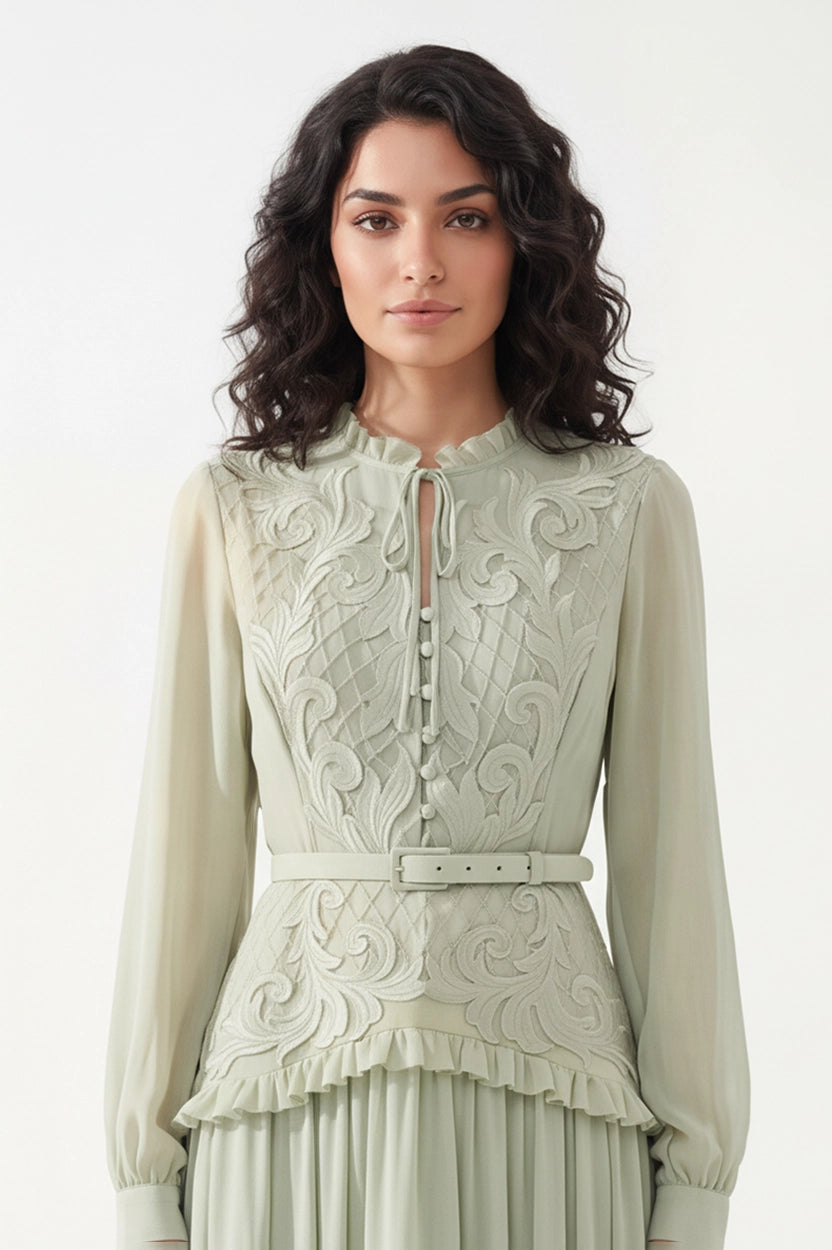 Ruffled Neck Laced Shoulder Plisse Chiffon Dress