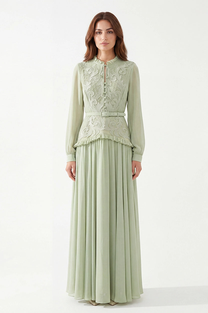 Ruffled Neck Laced Shoulder Plisse Chiffon Dress