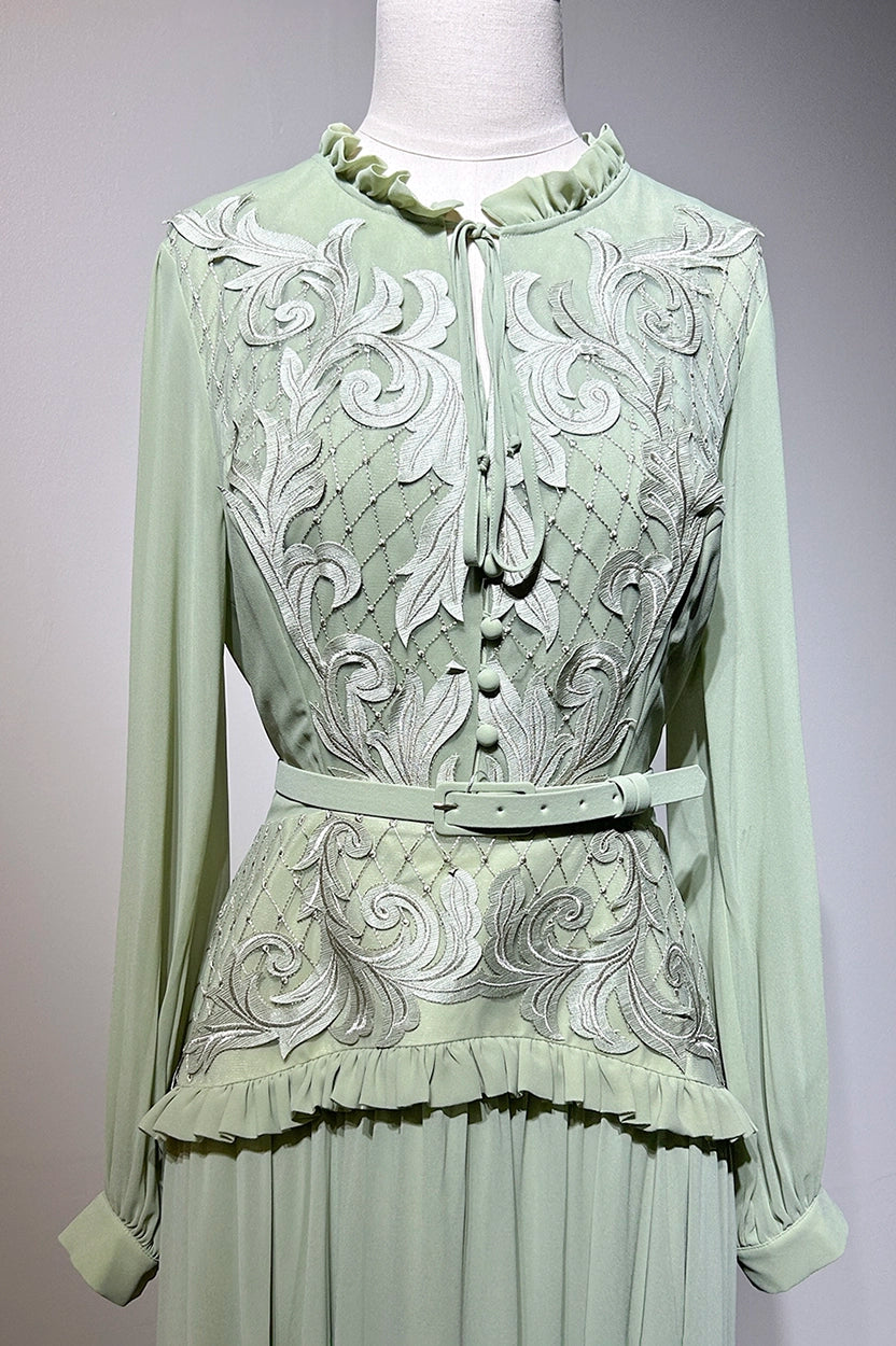 Ruffled Neck Laced Shoulder Plisse Chiffon Dress