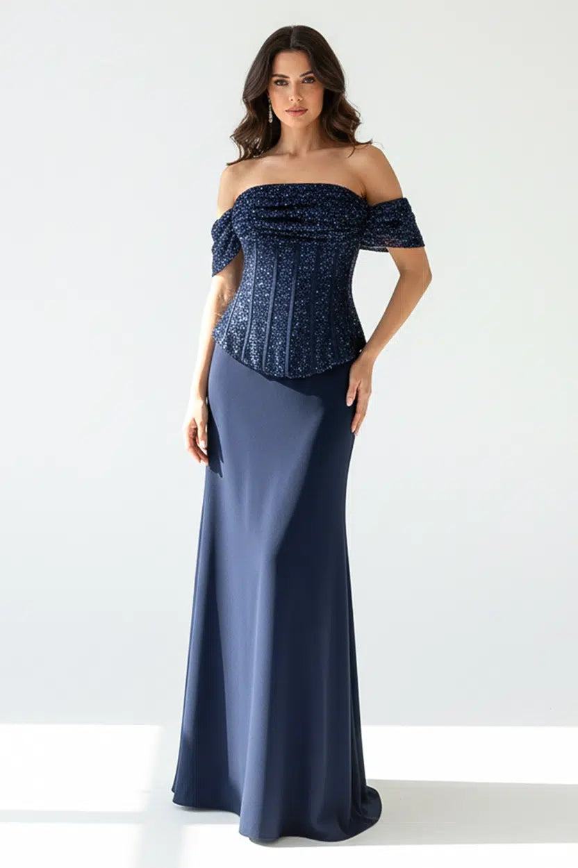 Sequin Off Shoulder Corset Crepe Dress
