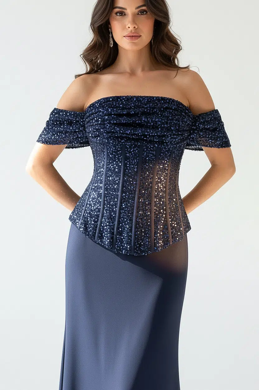 Sequin Off Shoulder Corset Crepe Dress