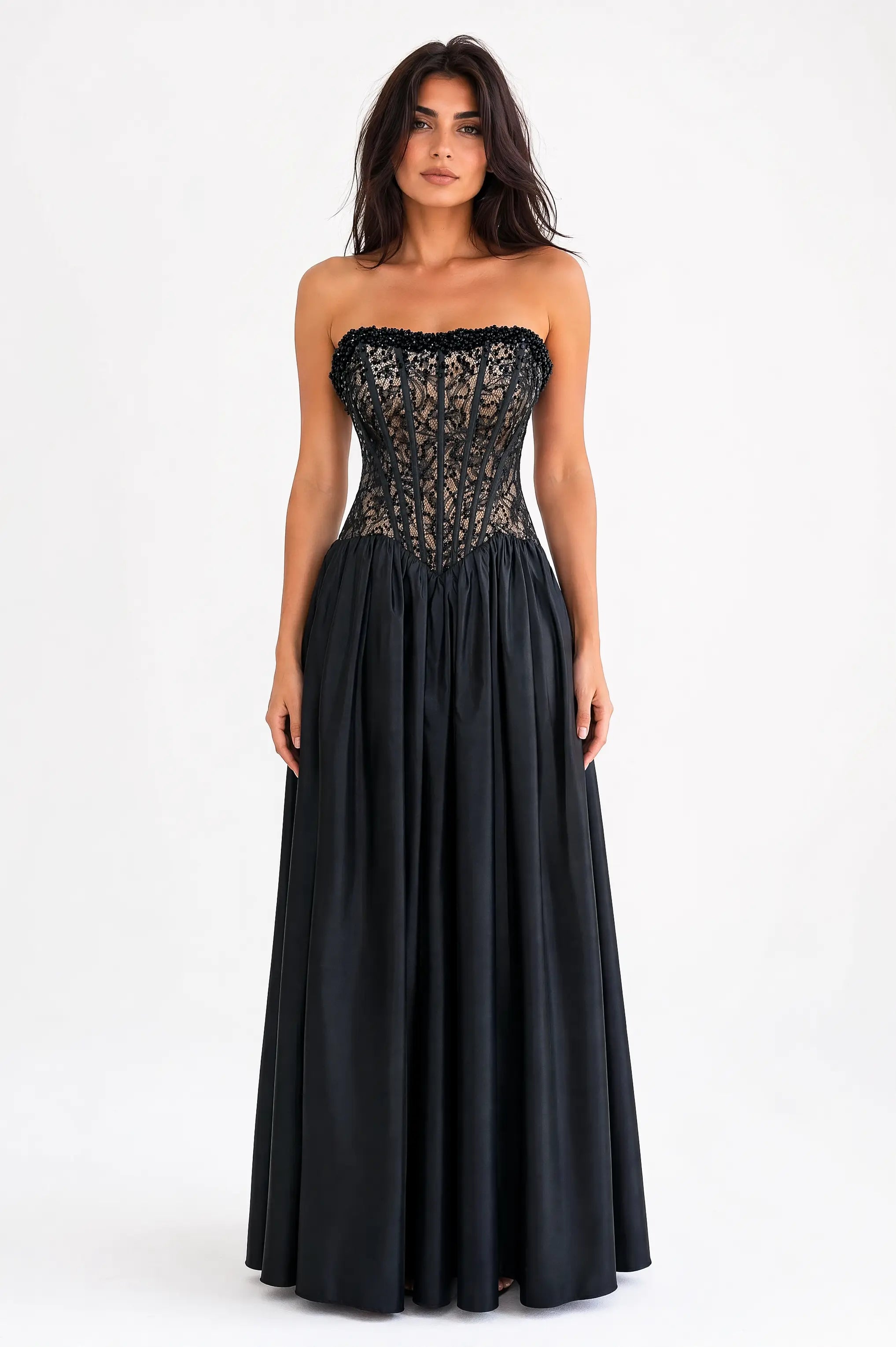 Sequin Beaded Corset Taffeta Dress