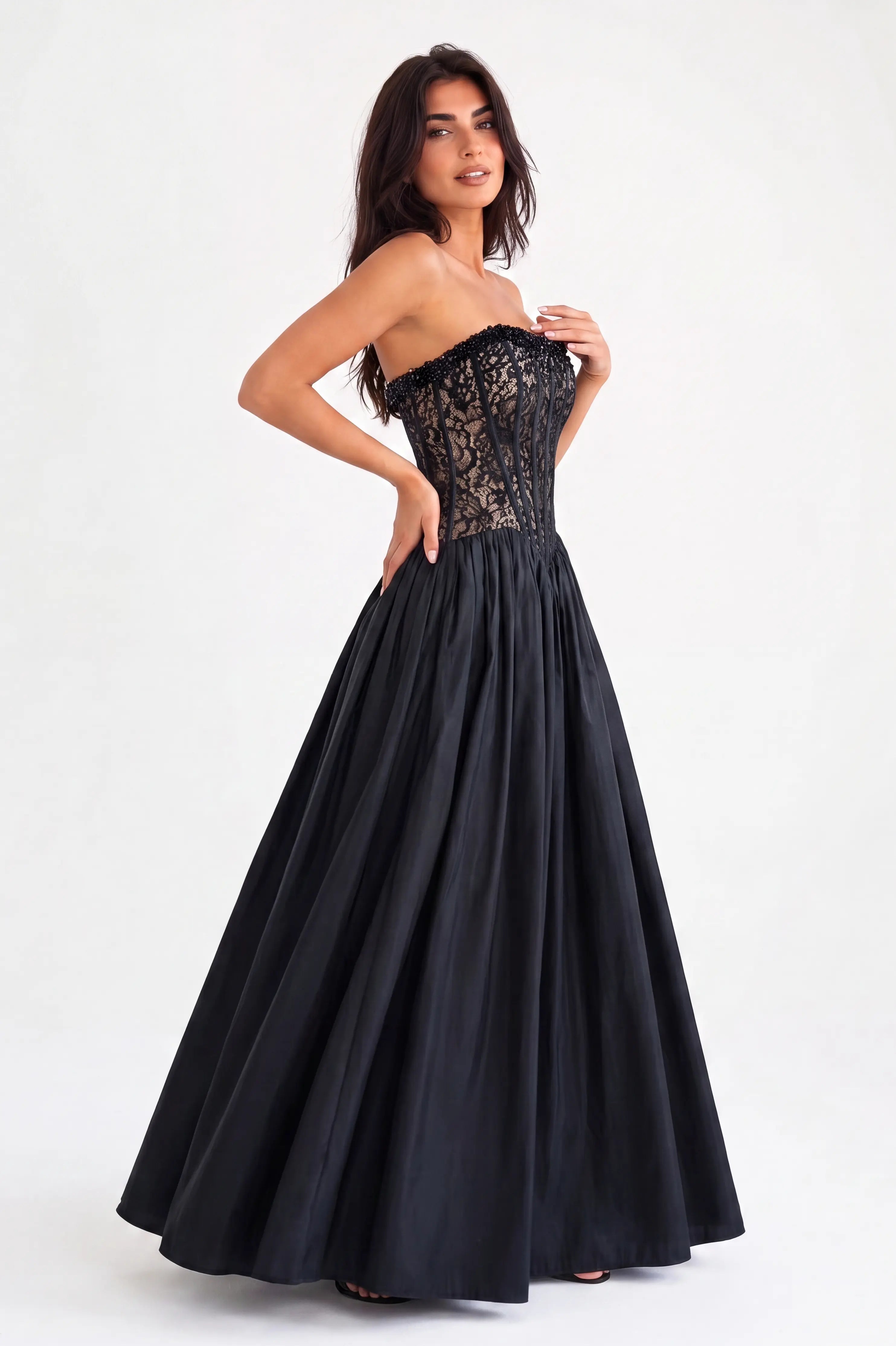Sequin Beaded Corset Taffeta Dress