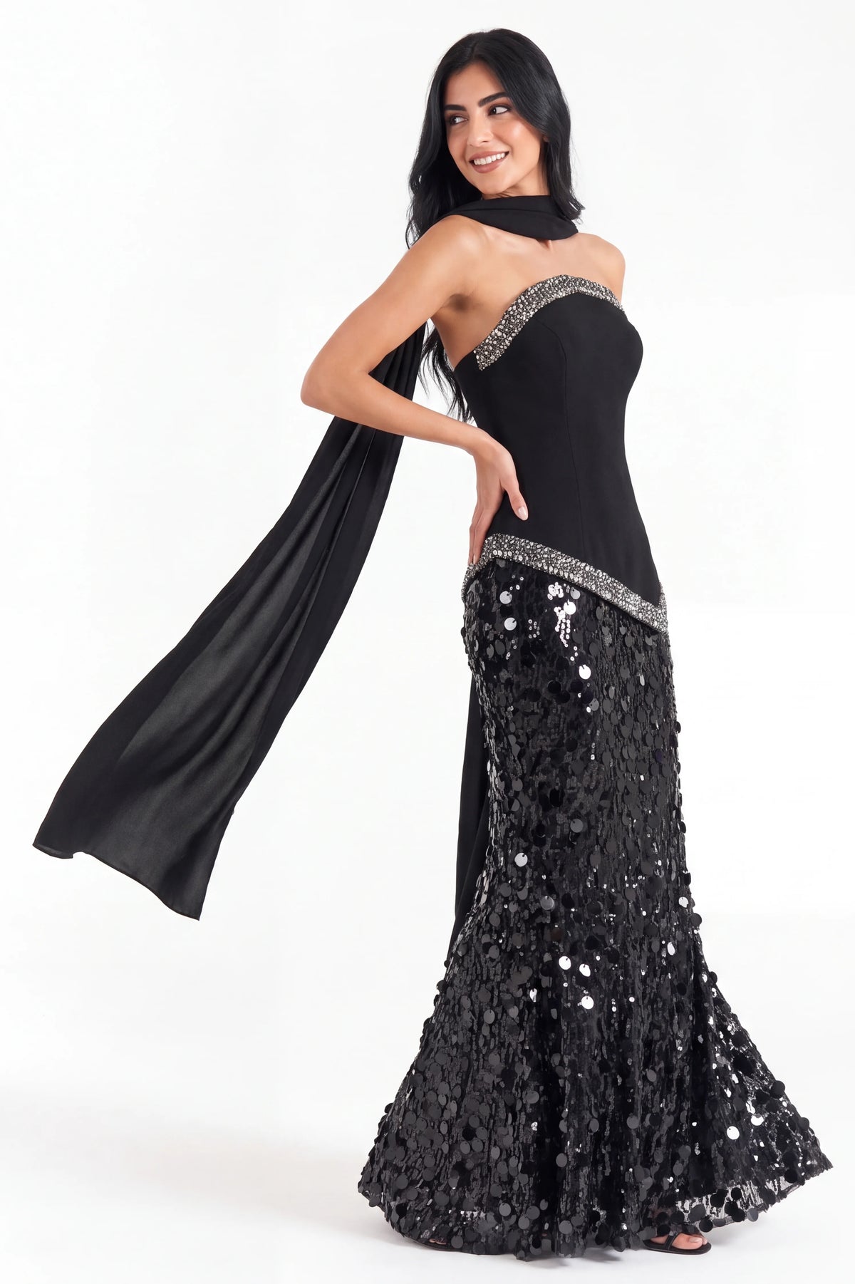 Sequin Shawl Top Crepe Dress