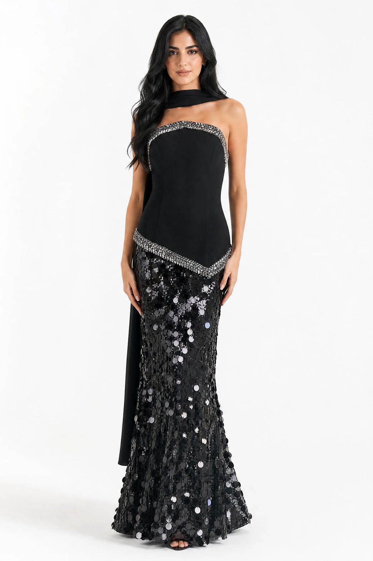 Sequin Shawl Top Crepe Dress