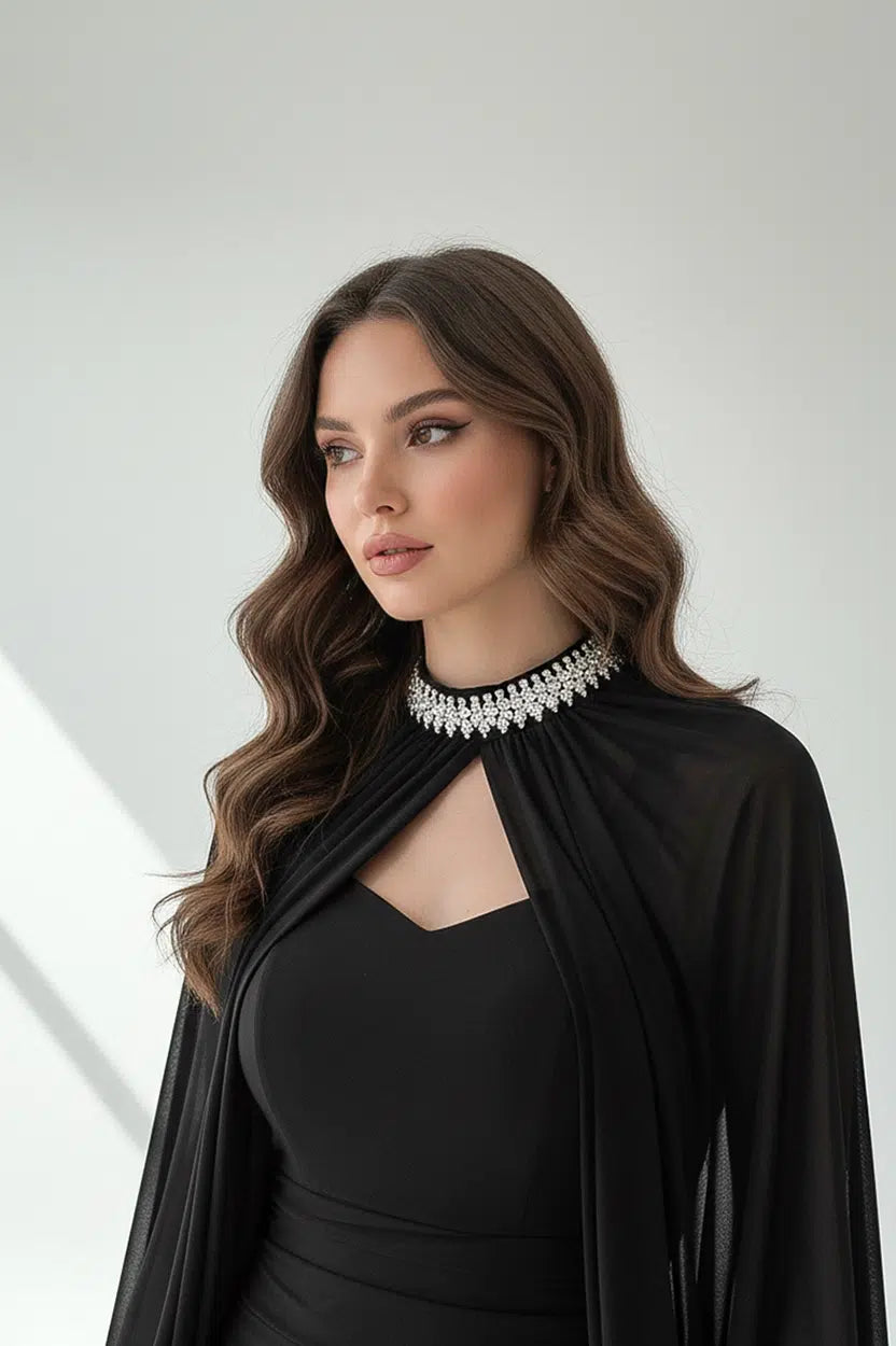 Shawl Halter Neck Gathered Tulle Dress