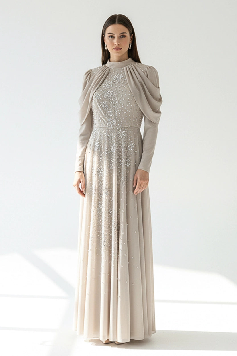 Shimmer Top Crystal Details Chiffon Dress