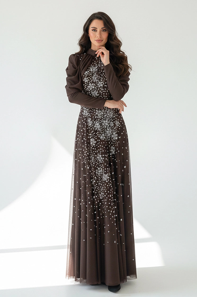 Shimmer Top Crystal Details Chiffon Dress