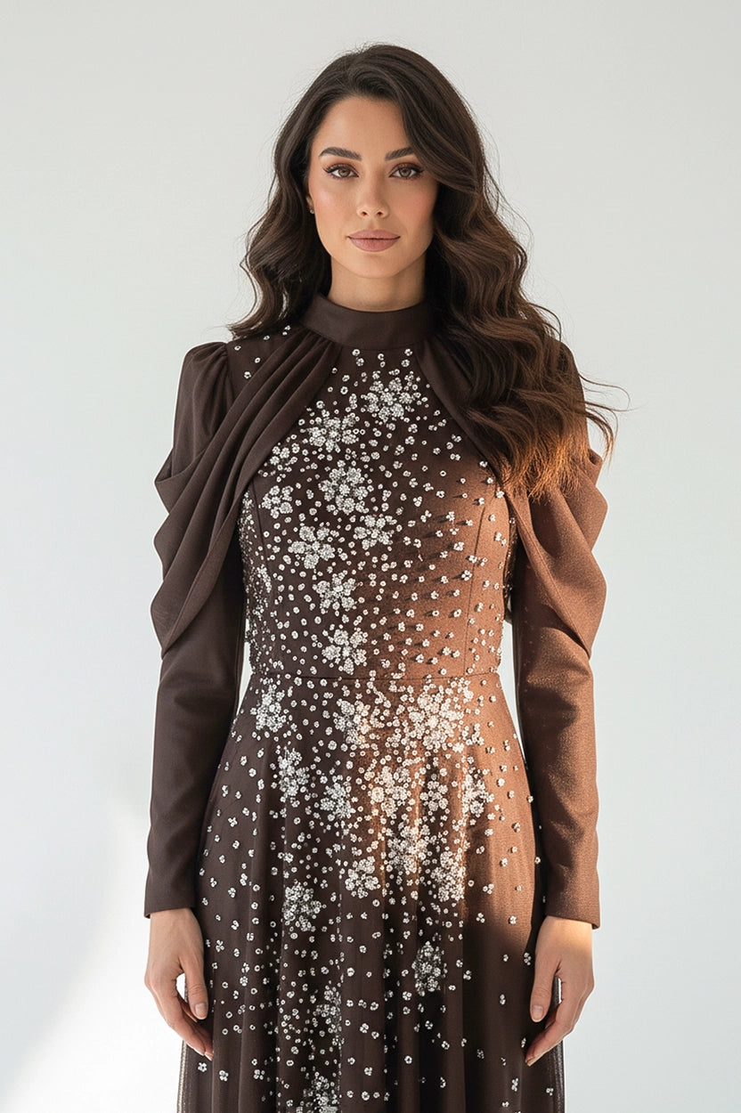 Shimmer Top Crystal Details Chiffon Dress