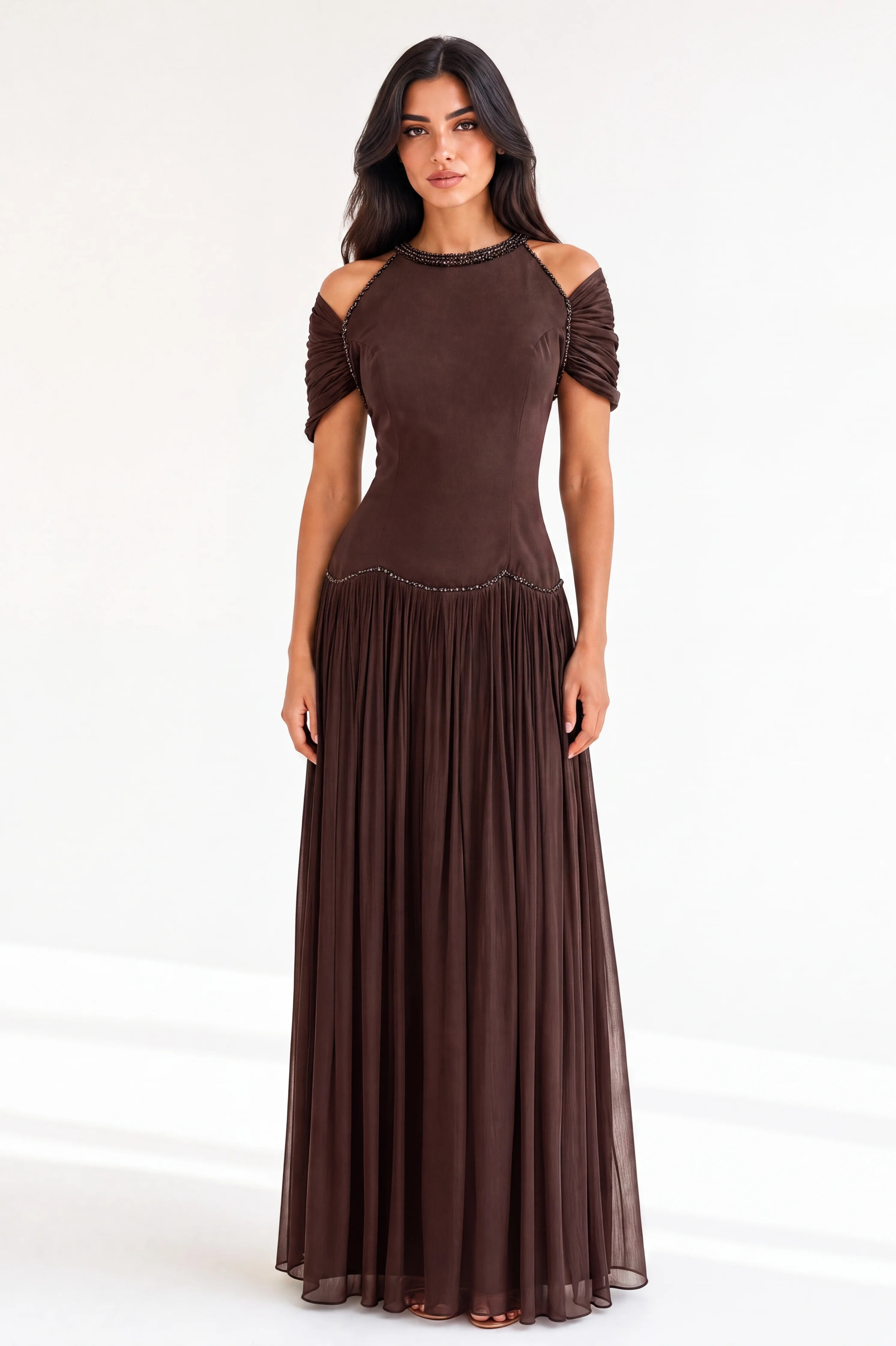 Cold Shoulder Beaded Neck Organza Dress