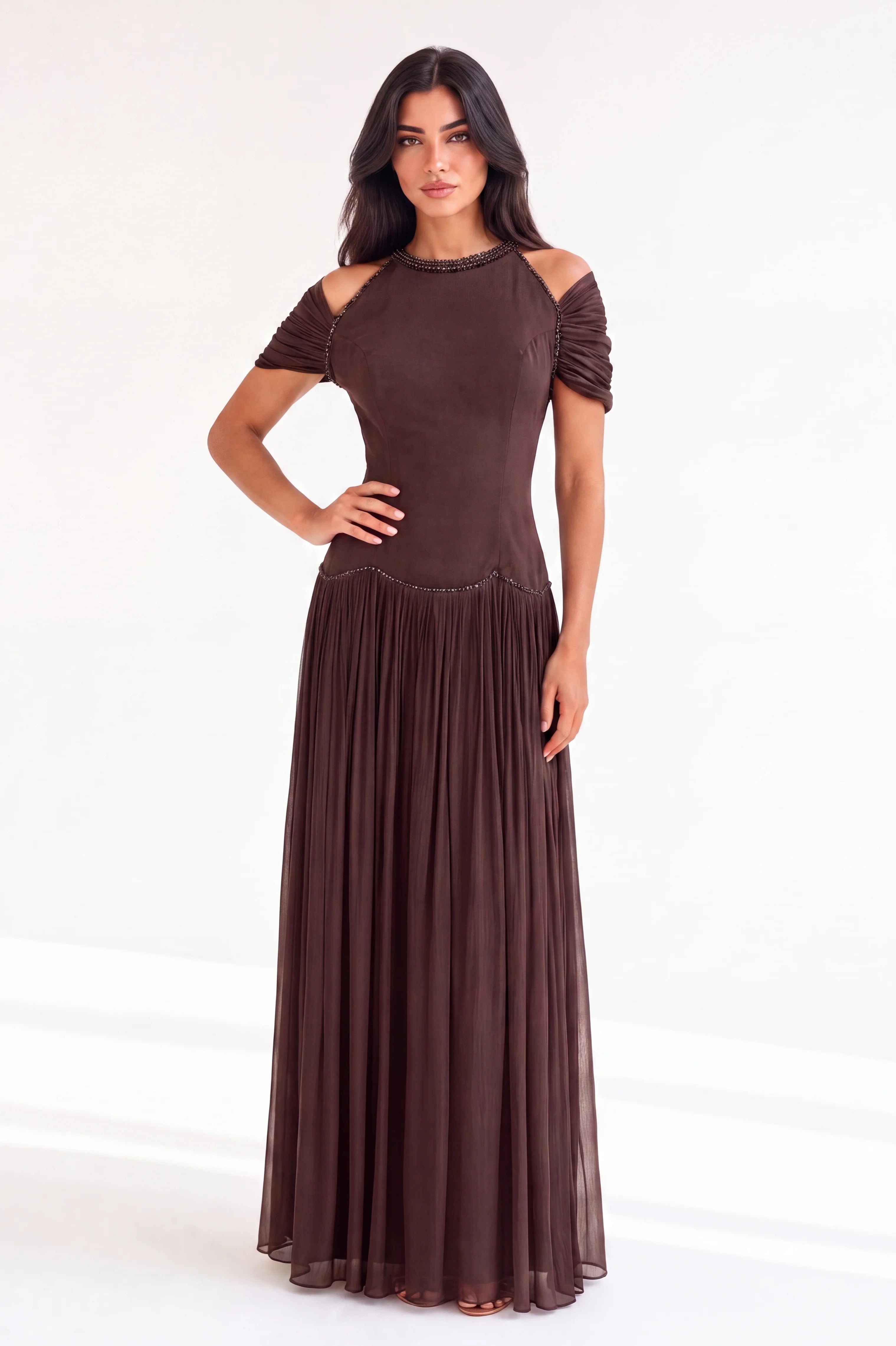 Cold Shoulder Beaded Neck Organza Dress