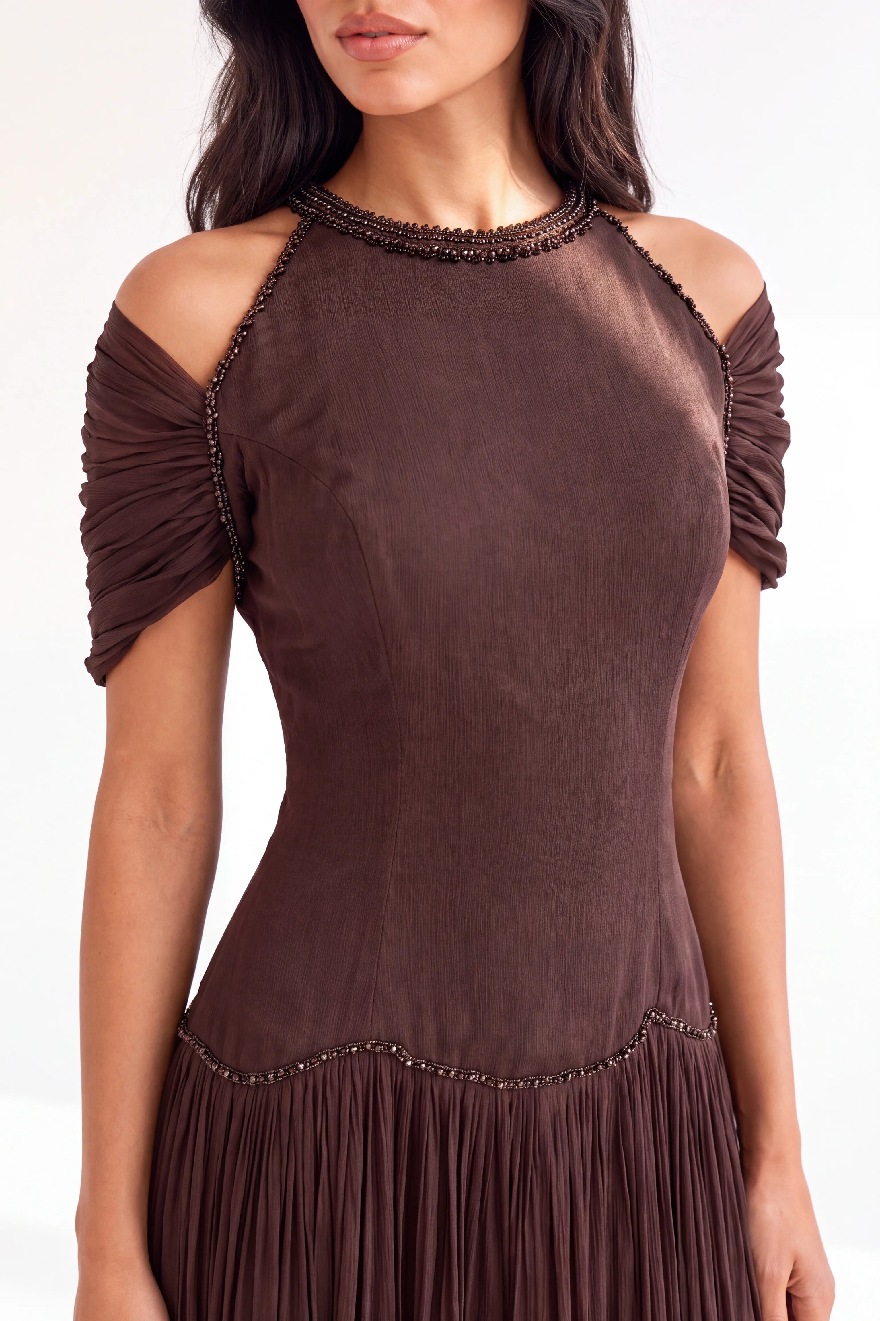 Cold Shoulder Beaded Neck Organza Dress